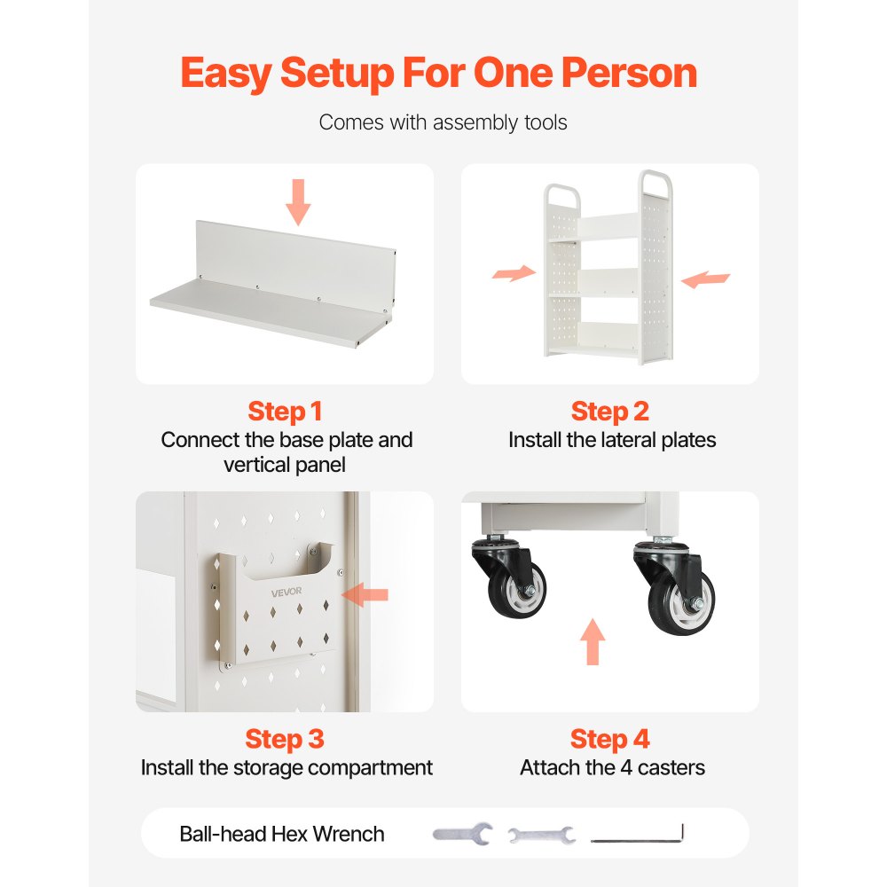 VEVOR Carrello Portalibri con Ruote 770 x 380 x 1220 mm Carrello Rotante Porta Libri, Carico 150 kg Ripiani a L Monofacciali con Ruote Bloccabili 7,6 cm per Scaffali di Casa, Ufficio e Scuola, Bianco