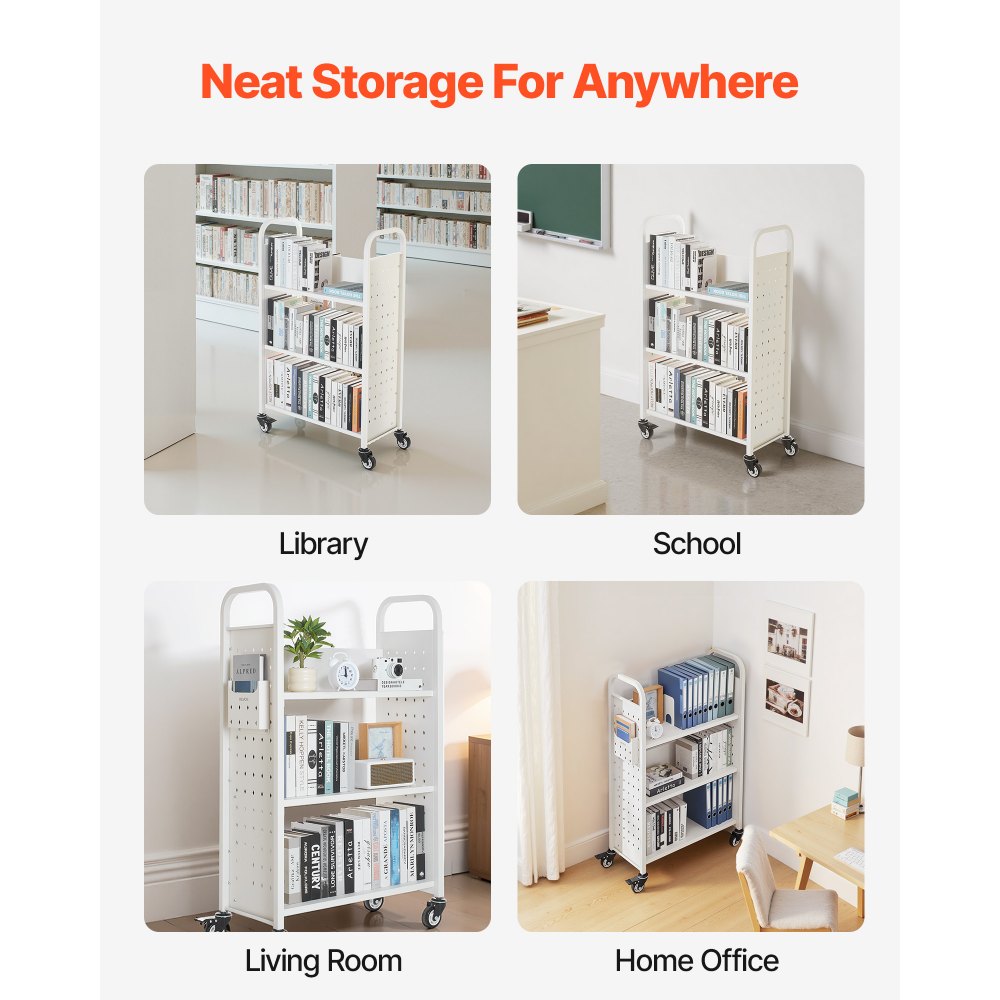 VEVOR Carrello Portalibri con Ruote 770 x 380 x 1220 mm Carrello Rotante Porta Libri, Carico 150 kg Ripiani a L Monofacciali con Ruote Bloccabili 7,6 cm per Scaffali di Casa, Ufficio e Scuola, Bianco