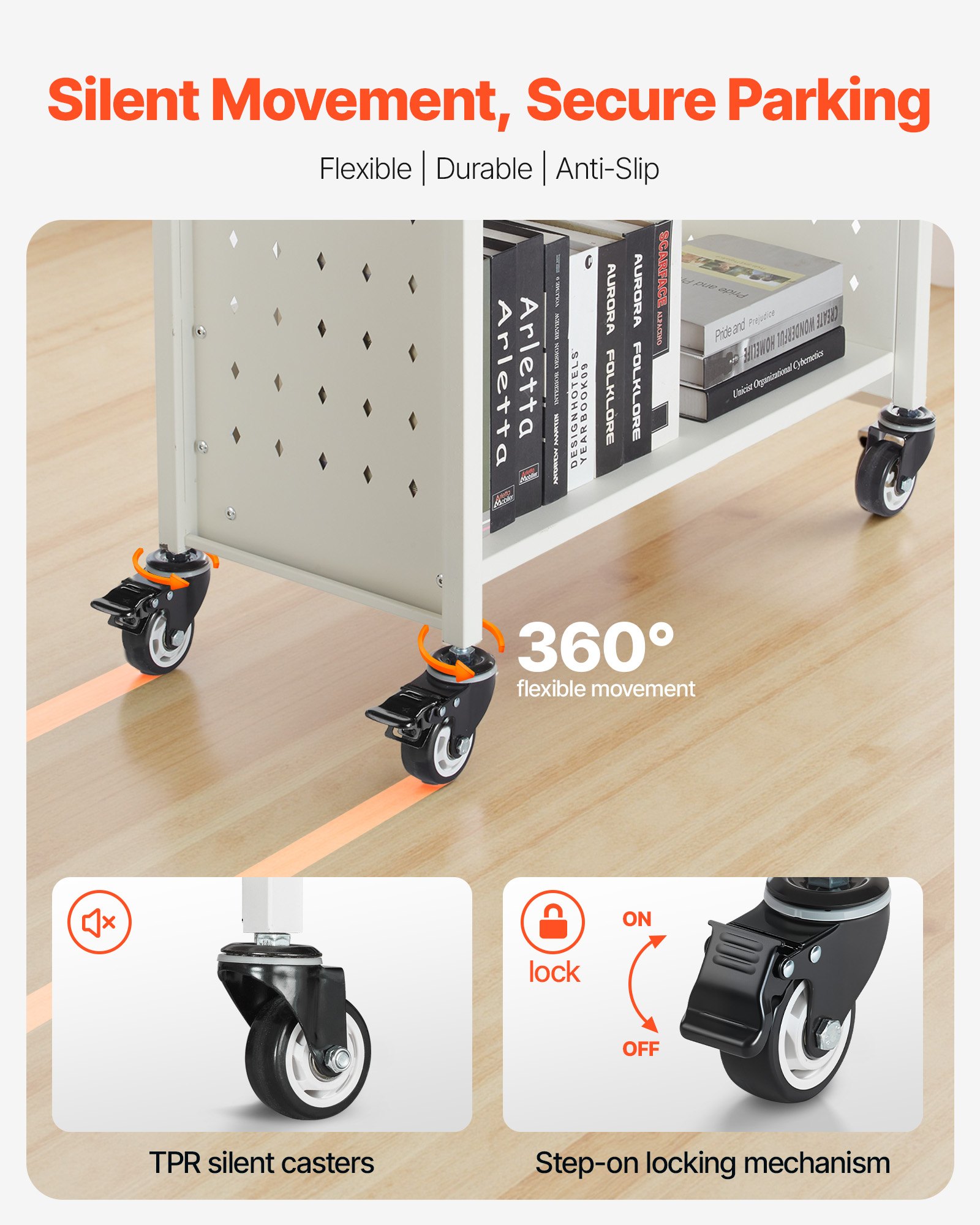 VEVOR Carrello Portalibri con Ruote 770 x 380 x 1220 mm Carrello Rotante Porta Libri, Carico 150 kg Ripiani a L Monofacciali con Ruote Bloccabili 7,6 cm per Scaffali di Casa, Ufficio e Scuola, Bianco