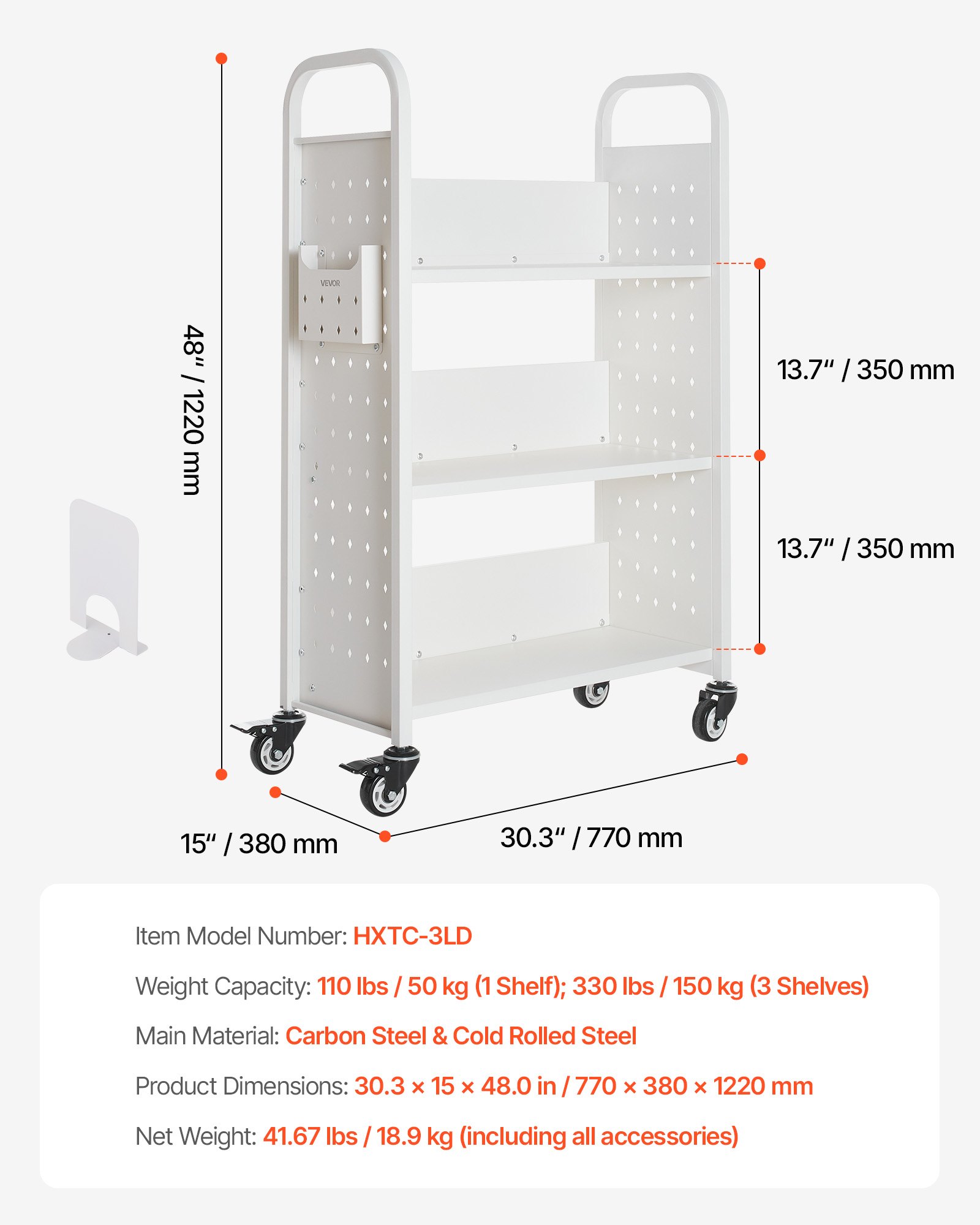 VEVOR Carrello Portalibri con Ruote 770 x 380 x 1220 mm Carrello Rotante Porta Libri, Carico 150 kg Ripiani a L Monofacciali con Ruote Bloccabili 7,6 cm per Scaffali di Casa, Ufficio e Scuola, Bianco