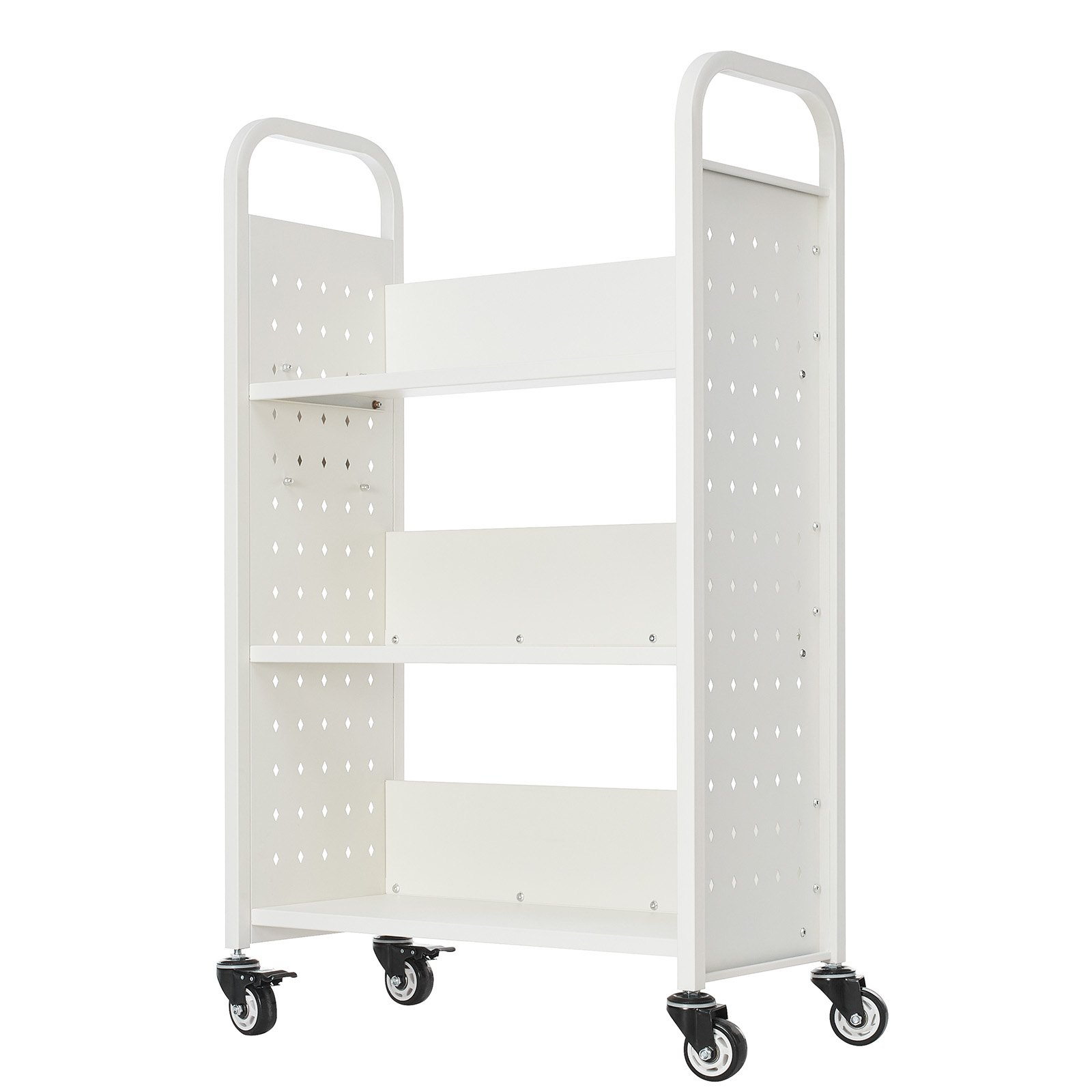 VEVOR Carrello Portalibri con Ruote 770 x 380 x 1220 mm Carrello Rotante Porta Libri, Carico 150 kg Ripiani a L Monofacciali con Ruote Bloccabili 7,6 cm per Scaffali di Casa, Ufficio e Scuola, Bianco