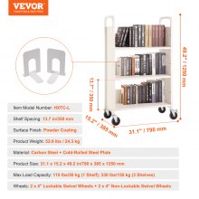 VEVOR Carrello per Libri, Carrello 3 Ripiani Bianco da Biblioteca Carico max. 150kg, Carrello da Libreria Biblioteca Ripiani Piatti a Forma di L Ruote Bloccabili 790 x 385 x 1250 mm, Scaffali a Ruote