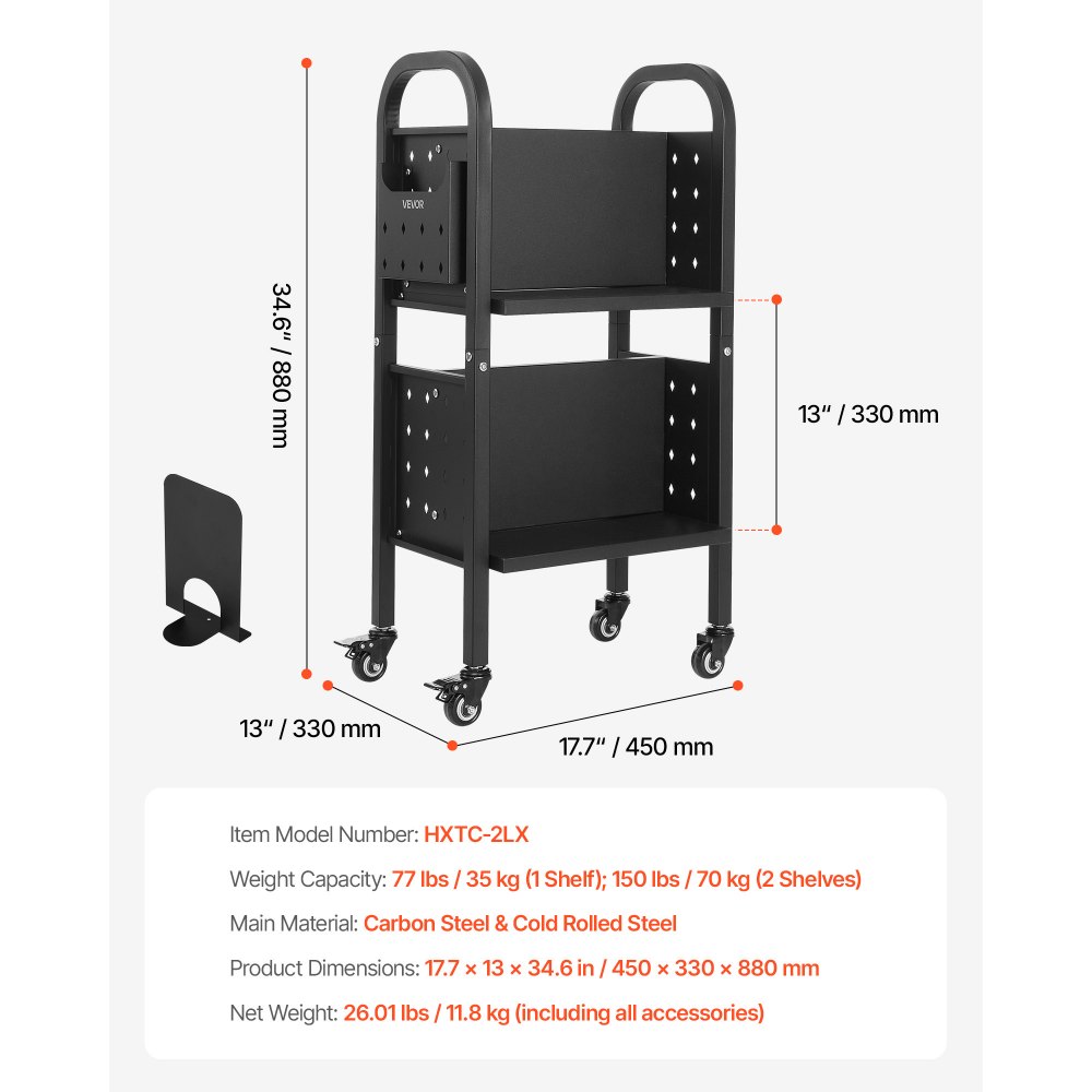 VEVOR Rolling Library Book Cart, 70 kg Capacity, 45 x 33 x 88 cm Library Cart, Double Sided L-Shaped Shelves with 50.8 mm Lockable Wheels, Book Truck for Home Shelves Office and School, Black