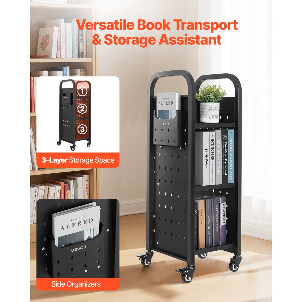 VEVOR Rolling Library Book Cart, 100 kg Capacity, 32 x 35 x 93.5 cm Library Cart, Single Sided L-Shaped Shelves with 50.8 mm Lockable Wheels, Book Truck for Home Shelves Office and School, Black