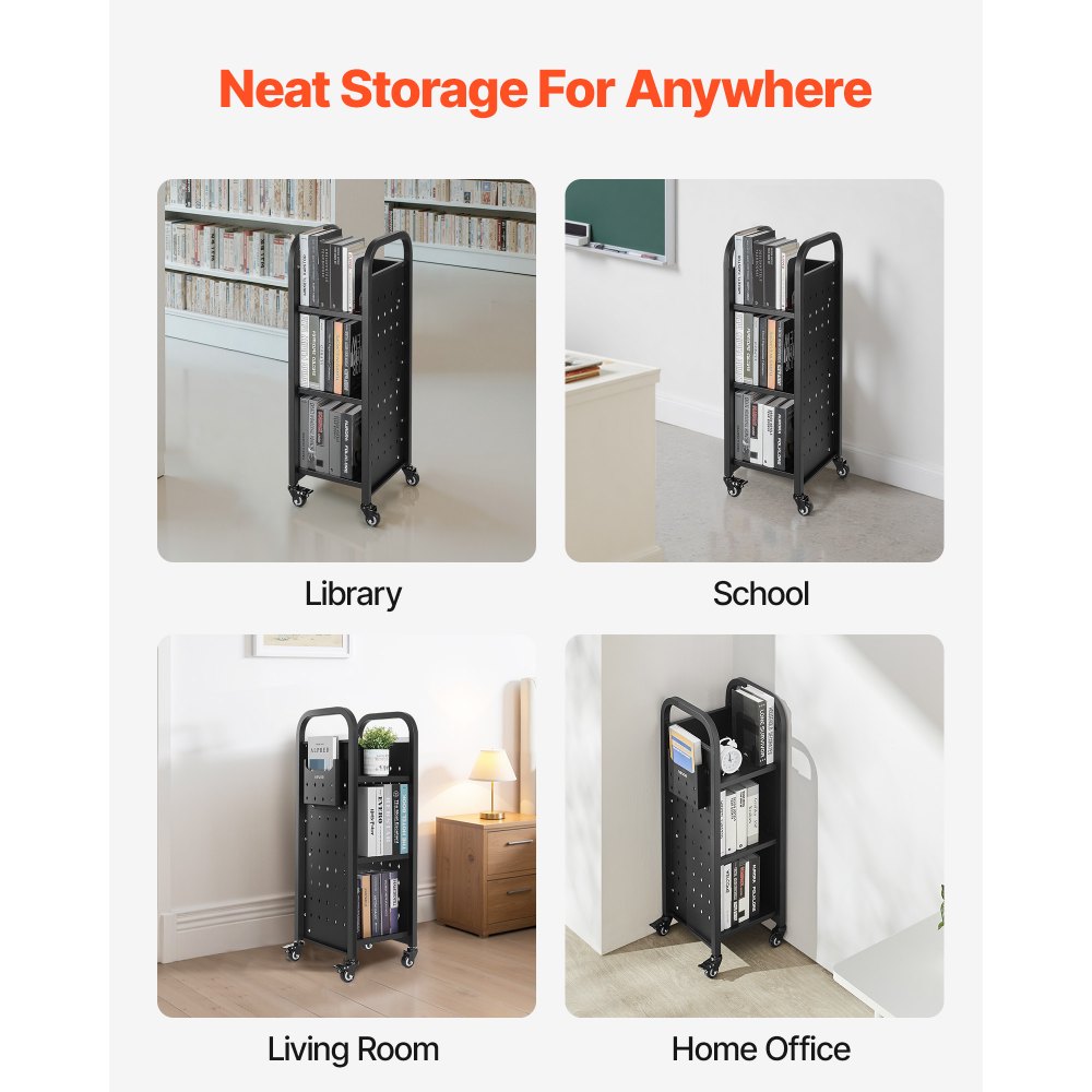 VEVOR Rolling Library Book Cart, 100 kg Capacity, 32 x 35 x 93.5 cm Library Cart, Single Sided L-Shaped Shelves with 50.8 mm Lockable Wheels, Book Truck for Home Shelves Office and School, Black