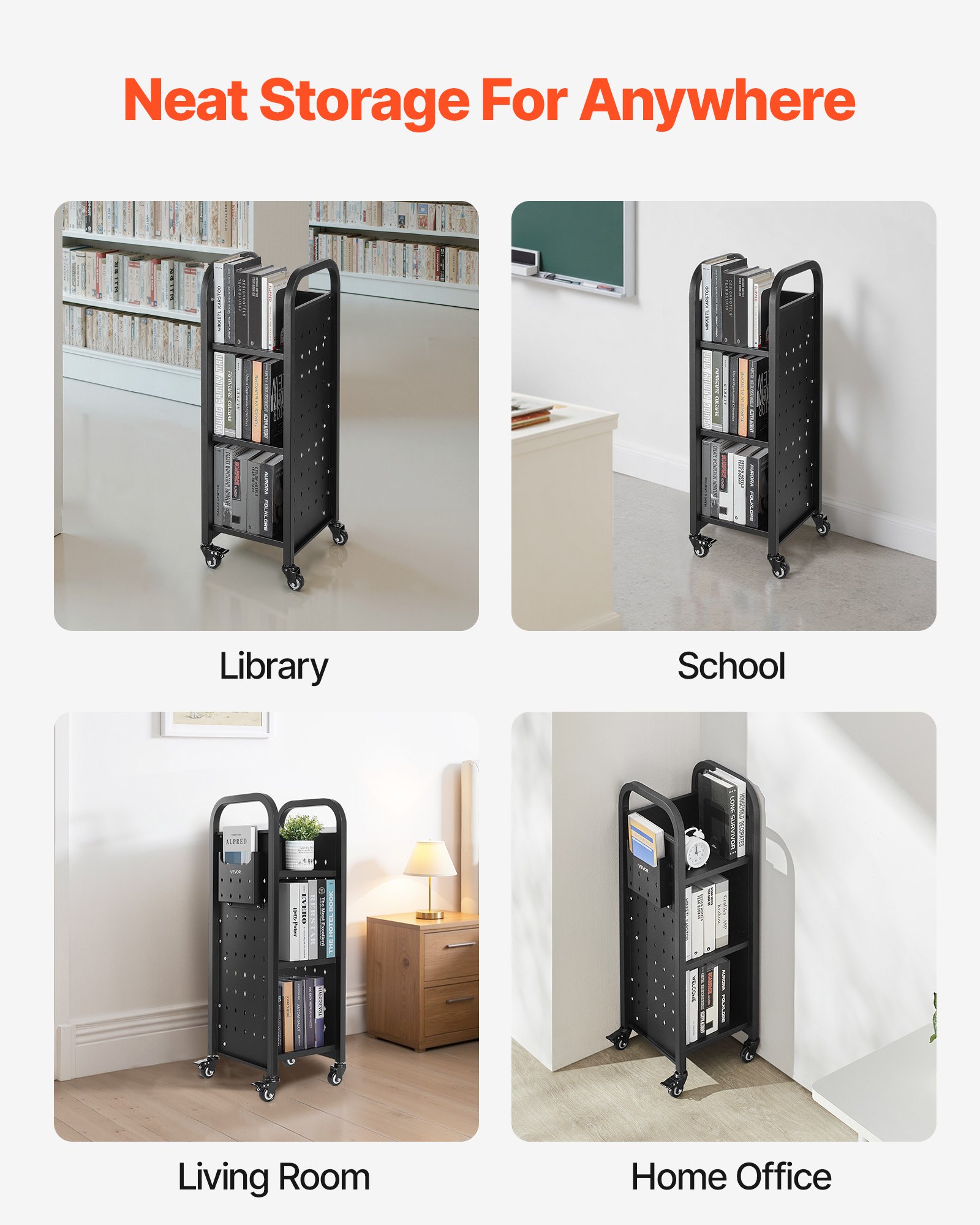 VEVOR Carrello Portalibri con Ruote 320 x 350 x 935 mm Carrello Rotante Porta Libri, Carico 100 kg Ripiani a L Monofacciali con Ruote Bloccabili 5 cm per Scaffali di Casa, Ufficio e Scuola, Nero