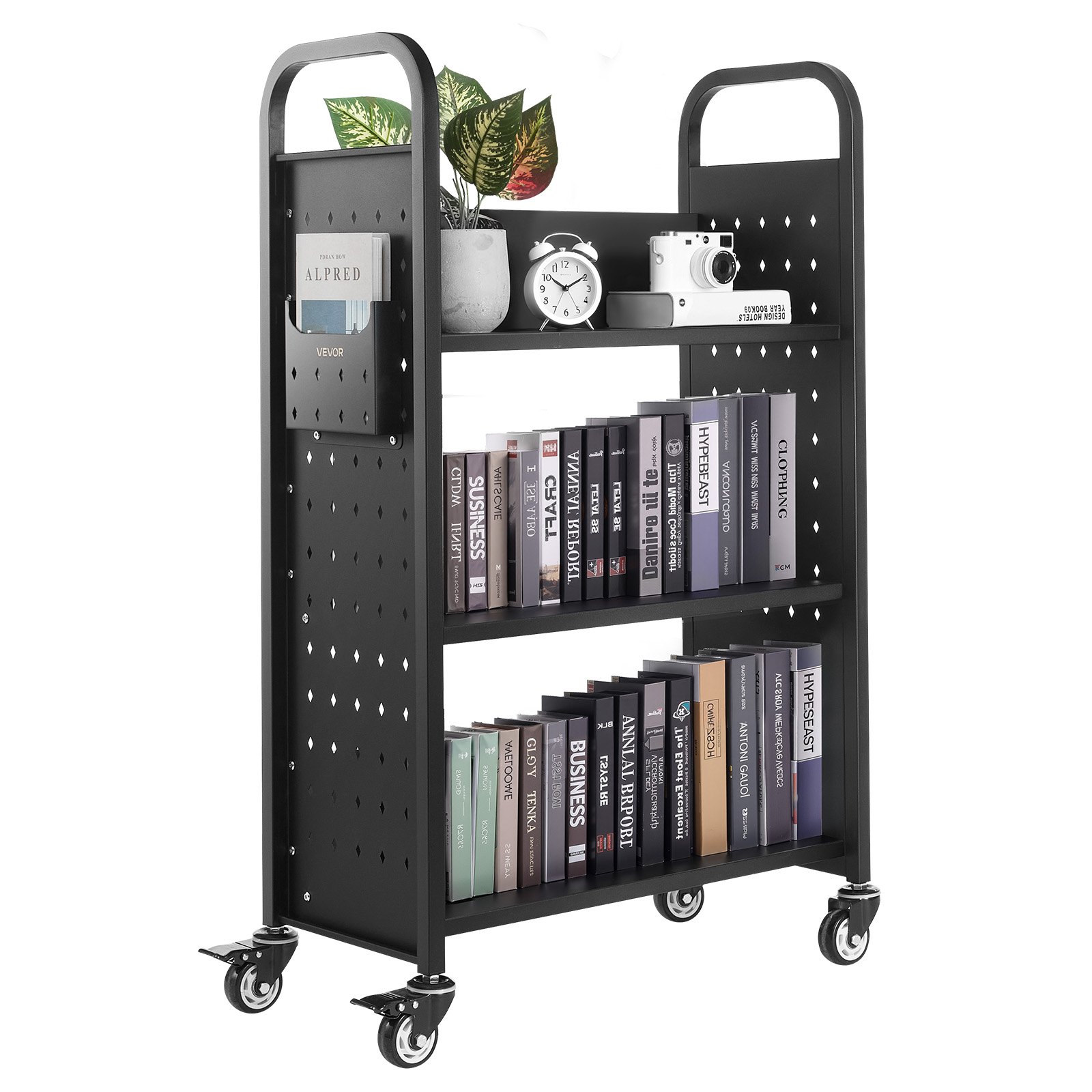 VEVOR Rolling Library Book Cart, 150 kg Capacity, 77 x 38 x 122 cm Library Cart, Single Sided L-Shaped Shelves with 76.2 mm Lockable Wheels, Book Truck for Home Shelves Office and School, Black