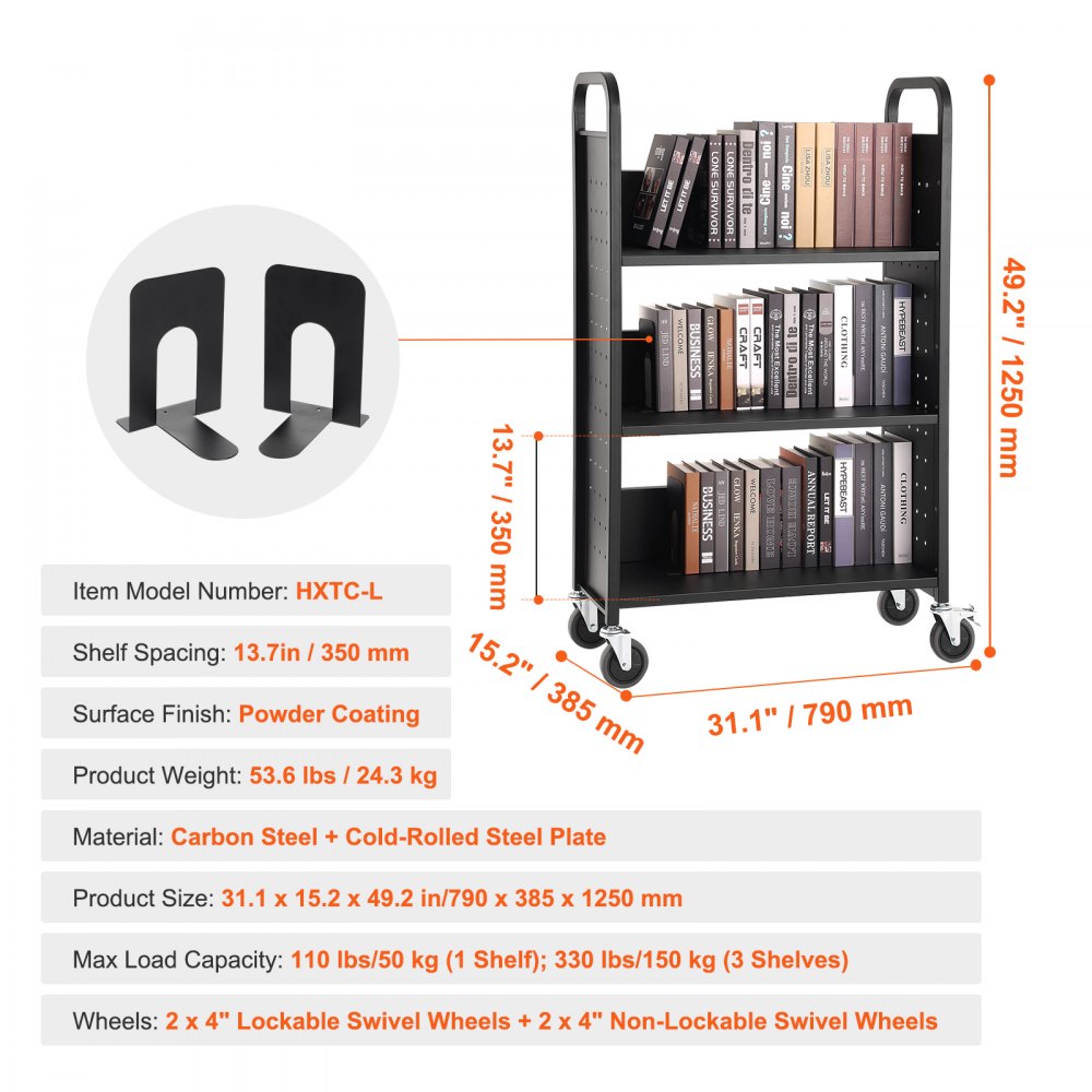 VEVOR Carrello per Libri, Carrello 3 Ripiani Nero da Biblioteca Carico max. 150kg, Carrello da Libreria Biblioteca Ripiani Piatti a Forma di L Ruote Bloccabili 790 x 385 x 1250 mm, Scaffali a Ruote