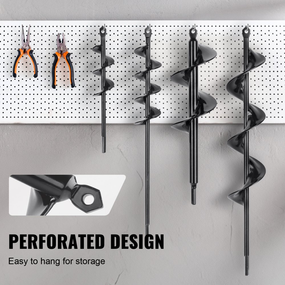 VEVOR Trivella Elicoidale per Trapano da Giardino 4 Pezzi 38/47,5/66/77,6mm, Punta a Spirale per Avviatore in Acciaio da Giardino Cortile, Punta Trivella Esagonale per Trapano da 9,53 mm 4 Dimensioni