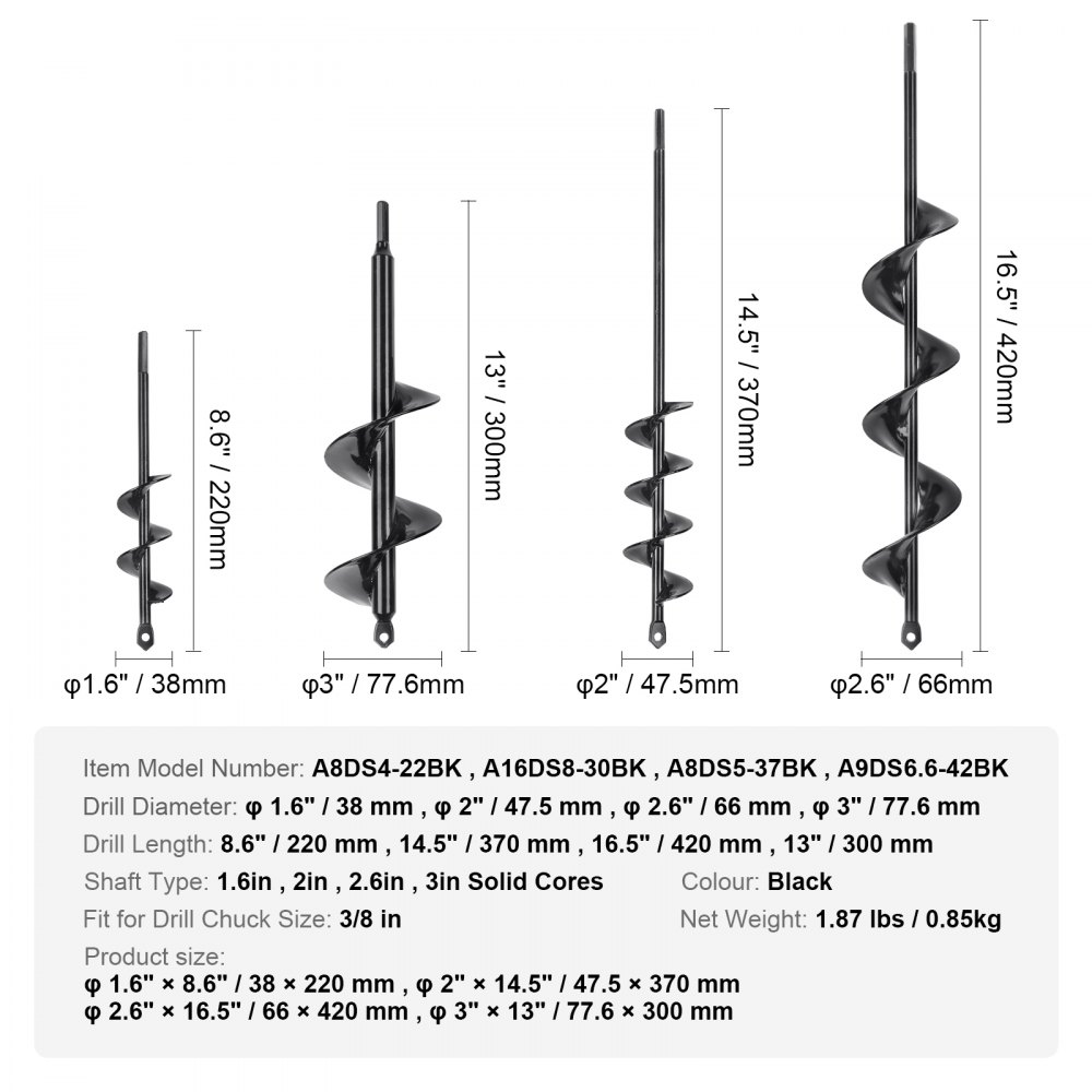 VEVOR Trivella Elicoidale per Trapano da Giardino 4 Pezzi 38/47,5/66/77,6mm, Punta a Spirale per Avviatore in Acciaio da Giardino Cortile, Punta Trivella Esagonale per Trapano da 9,53 mm 4 Dimensioni