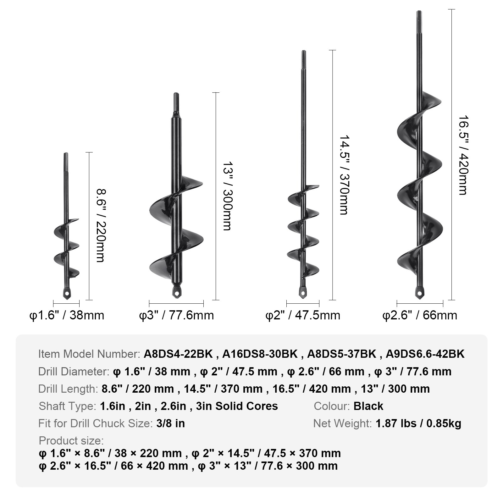 VEVOR Trivella Elicoidale per Trapano da Giardino 4 Pezzi 38/47,5/66/77,6mm, Punta a Spirale per Avviatore in Acciaio da Giardino Cortile, Punta Trivella Esagonale per Trapano da 9,53 mm 4 Dimensioni