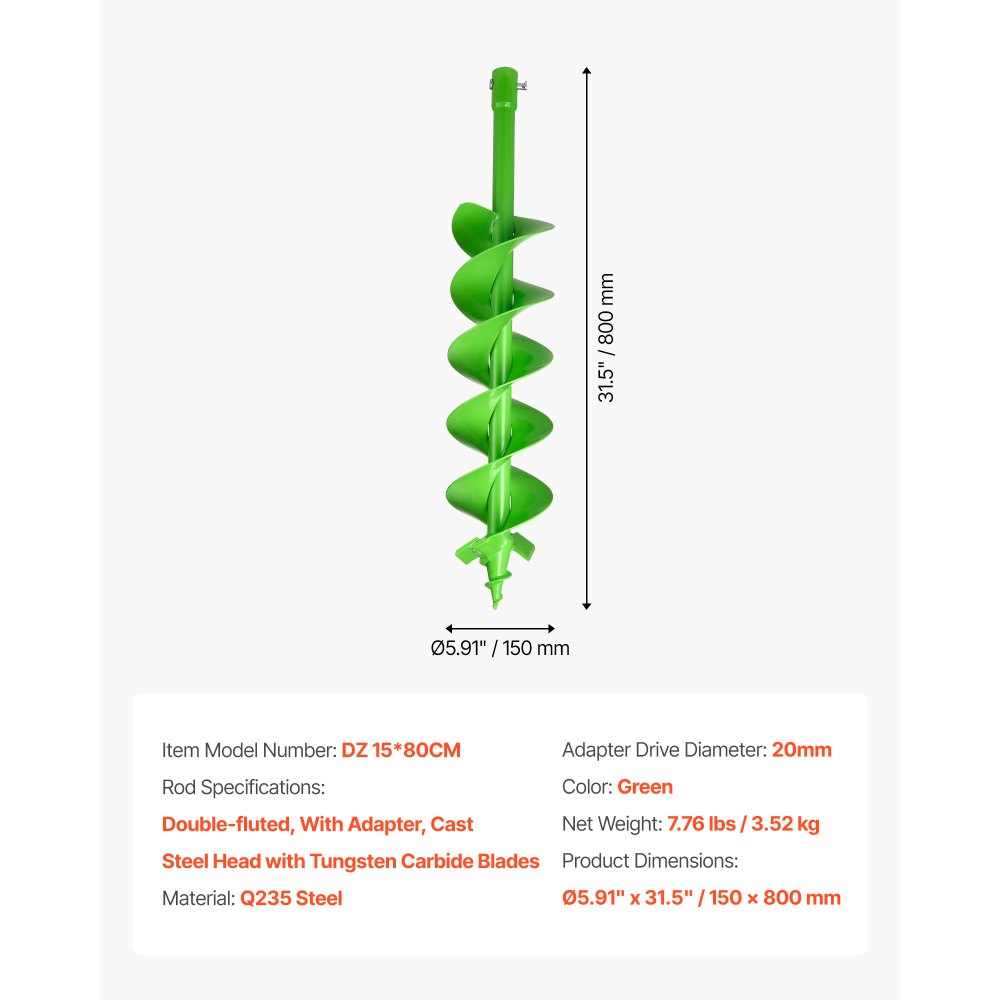 VEVOR Punta da Trapano a Coclea per Piantagione, Punta da Trapano a Spirale Ø150 x 800 mm, Compatibile con Trapani con Attacco da 20 mm, Accessori per Perforazione da Giardino Cortile