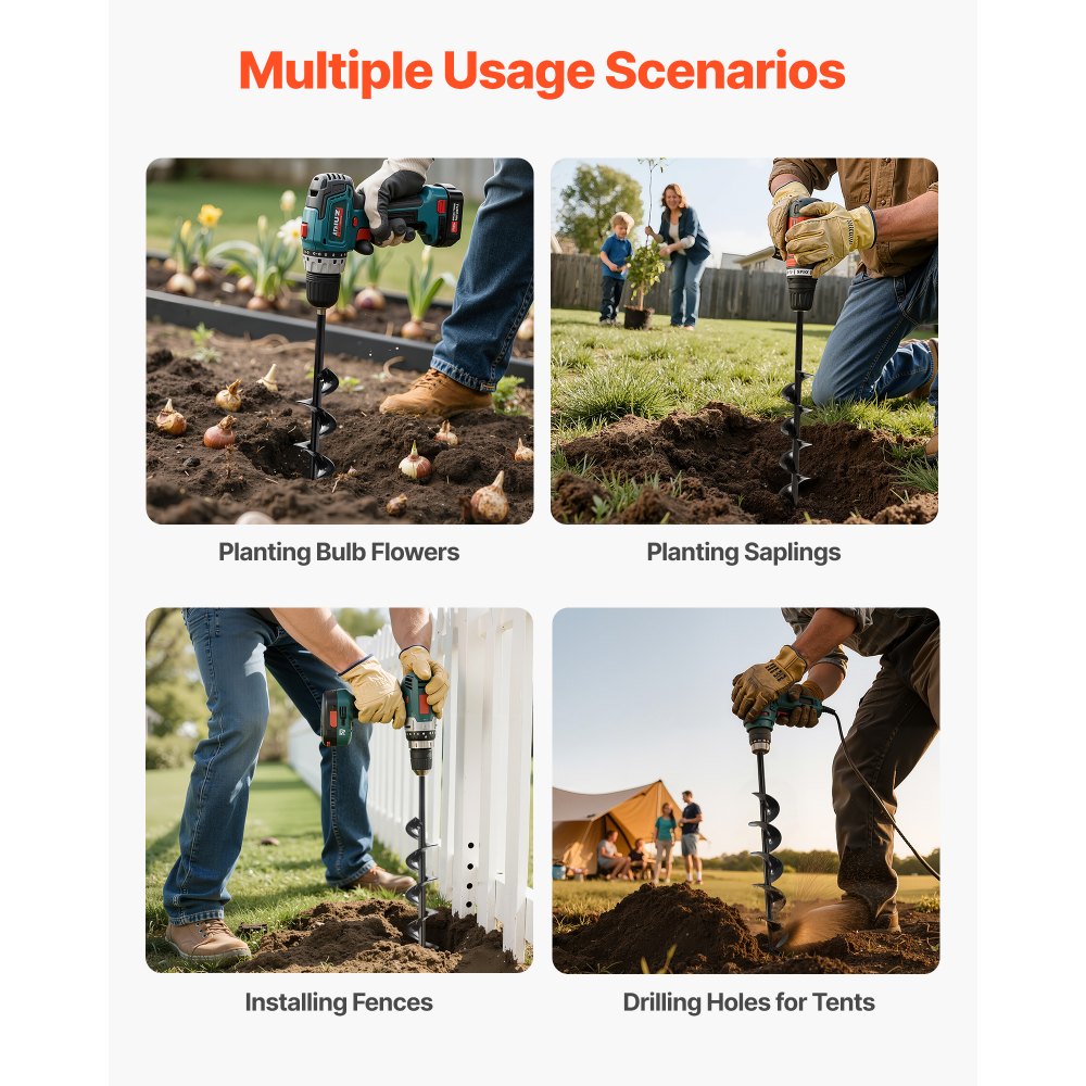 VEVOR Punta da Trapano a Coclea per Piantagione, Punta da Trapano a Spirale Ø80 x 600 mm, Compatibile con Trapani con Attacco da 10 mm, Accessori per Perforazione da Giardino Cortile