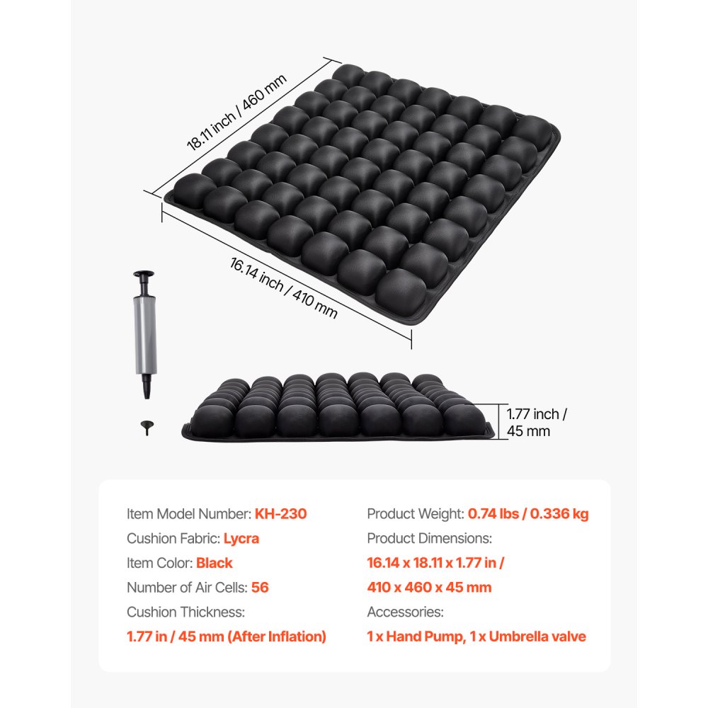 VEVOR Inflatable Seat Cushion, 3D Air Cell Seat Cushion for Pressure Relief, Lycra & TPU Wheelchair Seat Pad with Manual Pump, Lightweight and Portable for Travel, Office, Car, Airplane