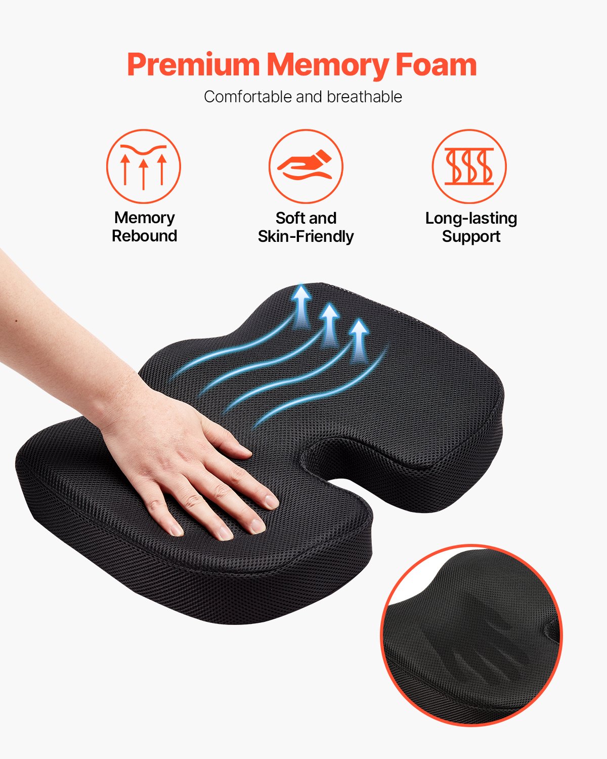 VEVOR Seat Cushion, Memory Foam Seat Chair Cushion for Pressure Relief, Soft & Breathable Wheelchair Seat Pad with Removable Cover for Travel, Office, Car, Airplane - Lightweight and Portable