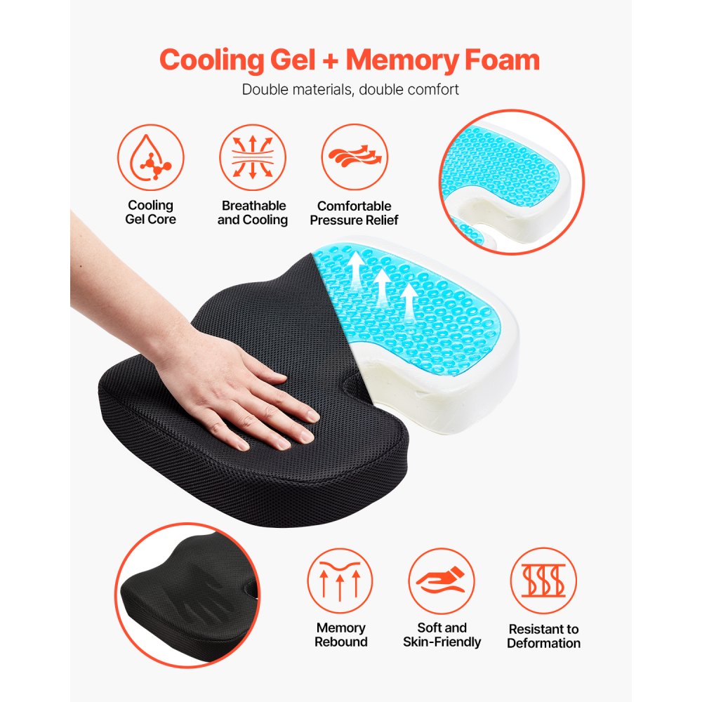 VEVOR Cuscino Rinfrescante in Gel e Memory Foam, Cuscino per Sedia a Forma di U con Rivestimento Rimovibile per Alleviare Pressione della Seduta su Sedie a Rotelle, per Viaggio, Ufficio, Auto