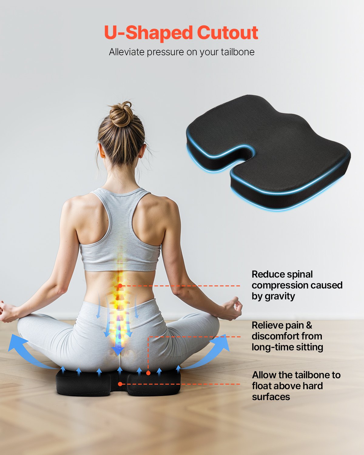 VEVOR Seat Cushion, Cooling Gel + Memory Foam Seat Cushion, Pressure-Relief Wheelchair Seat Pad with U-Shaped Cutout & Removable Cover, Lightweight and Portable for Travel, Car, Office, Airplane