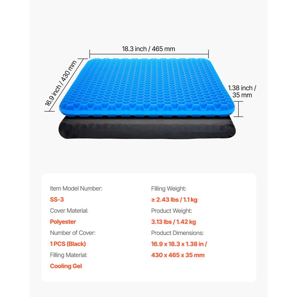 VEVOR Seat Cushion, Cooling Gel Seat Cushion for Pressure Relief, Soft & Breathable Wheelchair Seat Pad with Removable Cover, Lightweight and Portable for Office, Travel, Car, Airplane