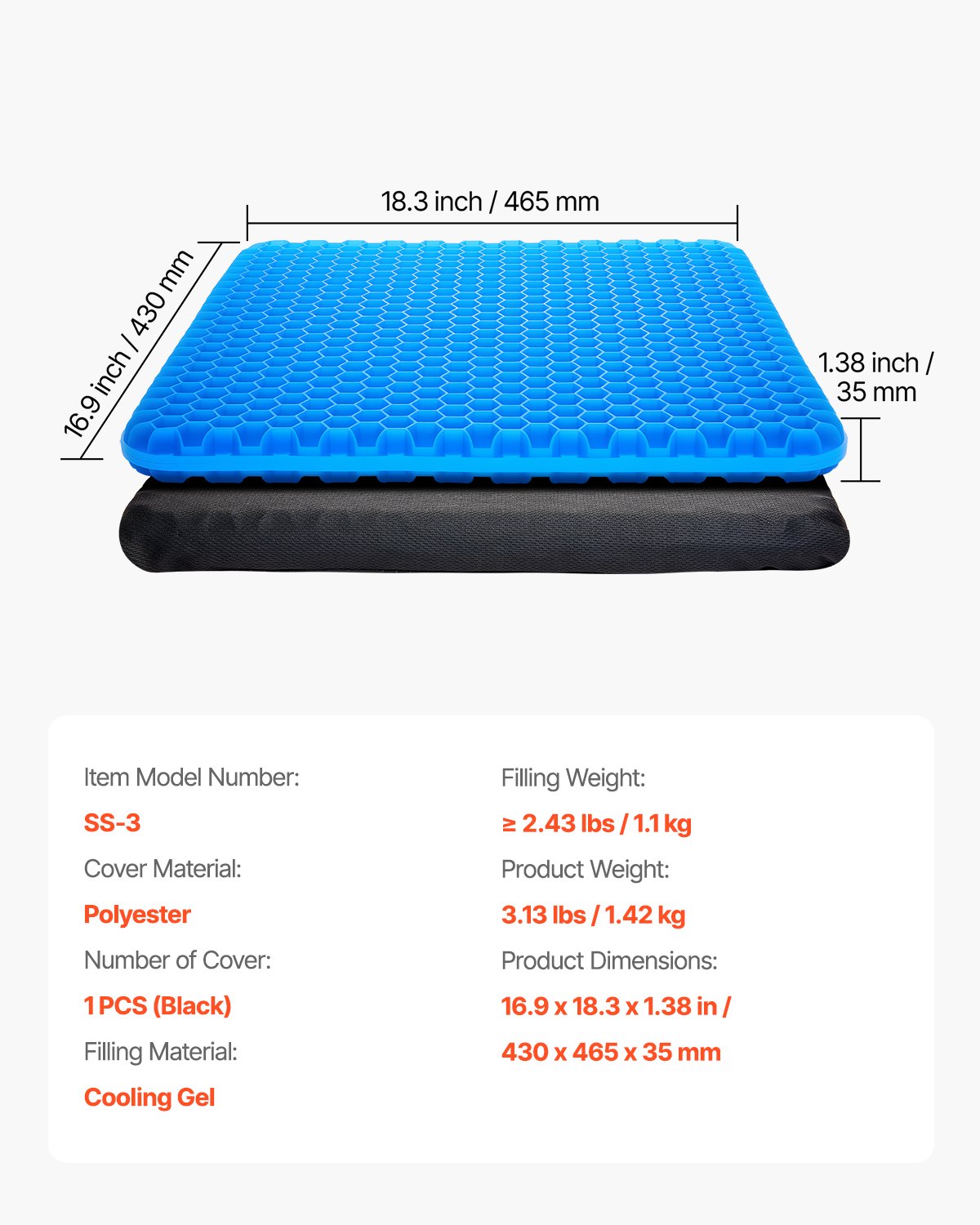 VEVOR Seat Cushion, Cooling Gel Seat Cushion for Pressure Relief, Soft & Breathable Wheelchair Seat Pad with Removable Cover, Lightweight and Portable for Office, Travel, Car, Airplane