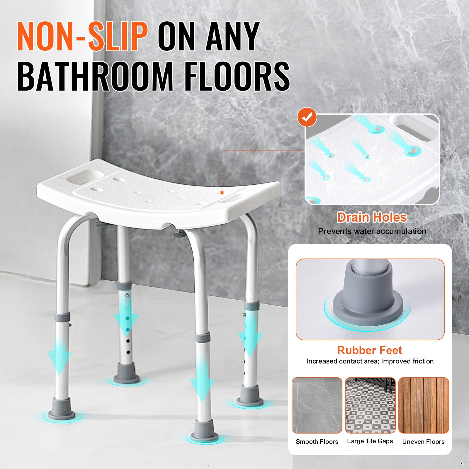 VEVOR Shower Stool/Chair, Height Adjustable 360-485 mm, Bathroom Stool/Seat, 158.8 kg Load Capacity, Sturdy Shower Stool/Shower Aid for Bathtubs, Aluminum Alloy Frame, White Shower Seat