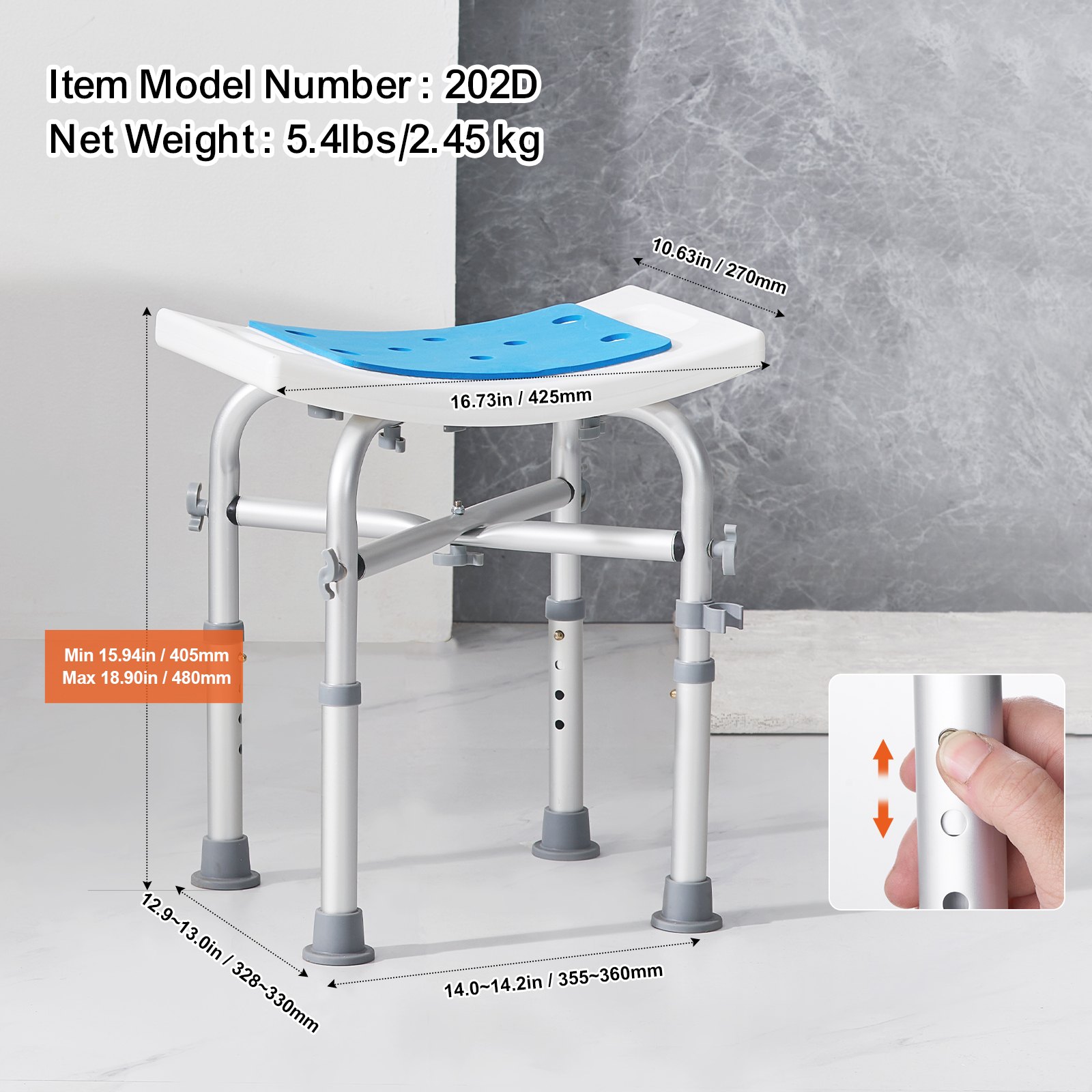 VEVOR Sedile per Doccia Antiscivolo Altezza Regolabile 405-480mm, Sgabello per Doccia Carico max. 226,8kg, Sedia per Doccia in Alluminio PE, Sgabello da Bagno Doccia Antiscivolo Portata 226,8kg Bianco
