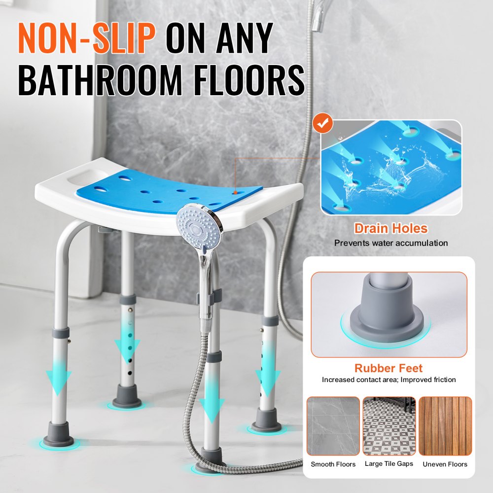 VEVOR Sedile per Doccia Antiscivolo Altezza Regolabile 360-490mm, Sgabello per Doccia Carico max. 158,8kg, Sedia per Doccia in Alluminio PE, Sgabello da Bagno Doccia Antiscivolo Portata 158,8kg Bianco