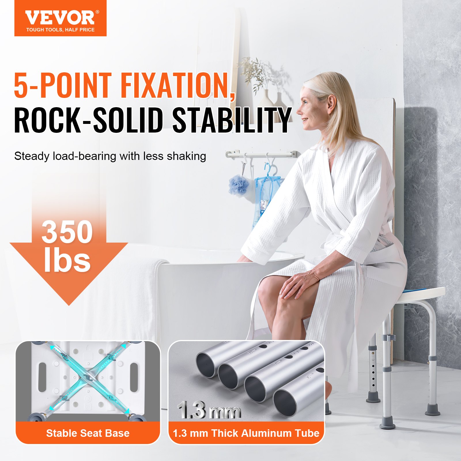 VEVOR Sedile per Doccia Antiscivolo Altezza Regolabile 360-490mm, Sgabello per Doccia Carico max. 158,8kg, Sedia per Doccia in Alluminio PE, Sgabello da Bagno Doccia Antiscivolo Portata 158,8kg Bianco