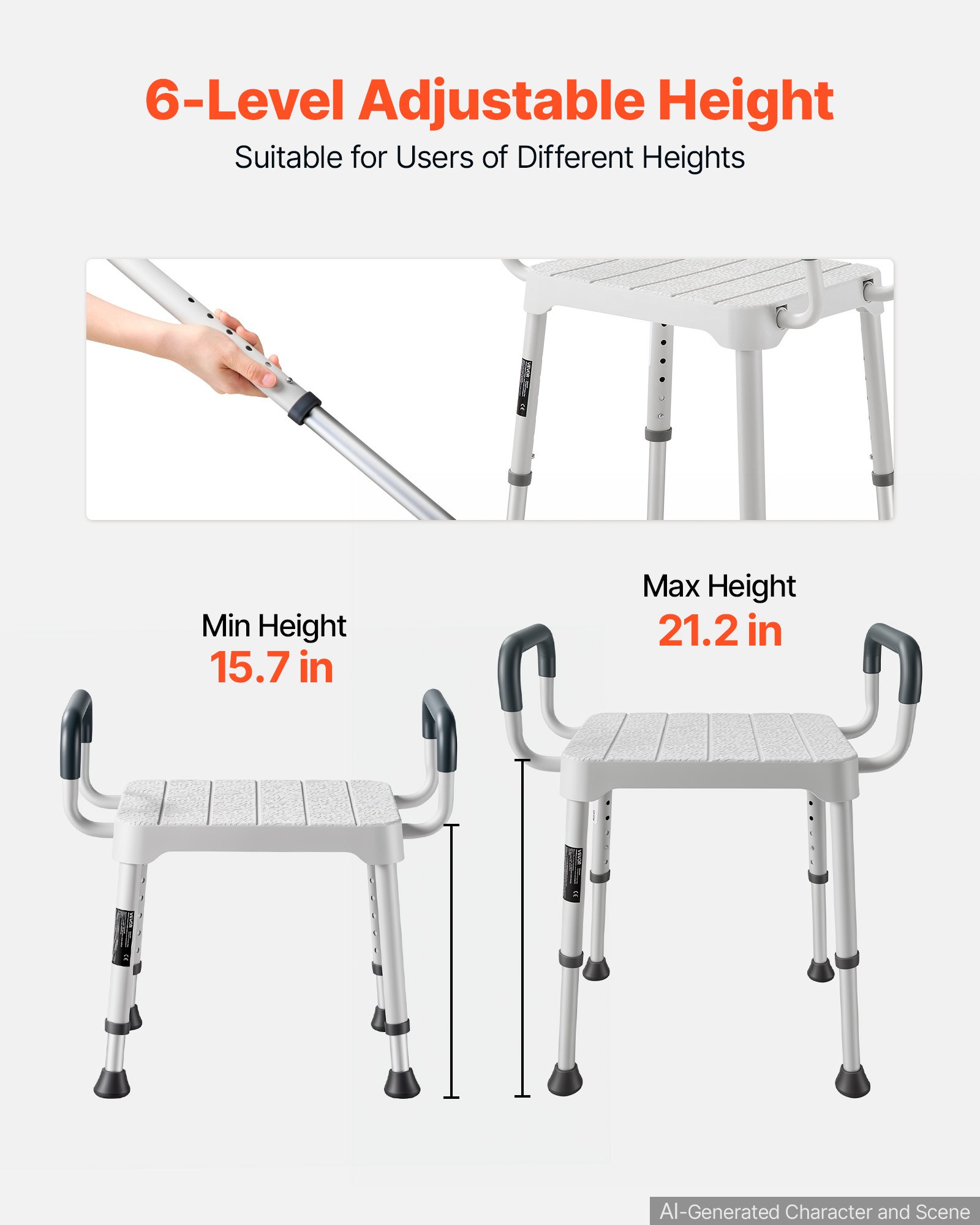 VEVOR Sgabello da Doccia Sedile da Bagno Altezza Regolabile Carico 181,4kg, Sedia da Bagno Altezza Regolabile a 6 Livelli, Vasca da Bagno, Doccia, Piedini Antiscivolo, Ausilio per Mobilità Ridotta