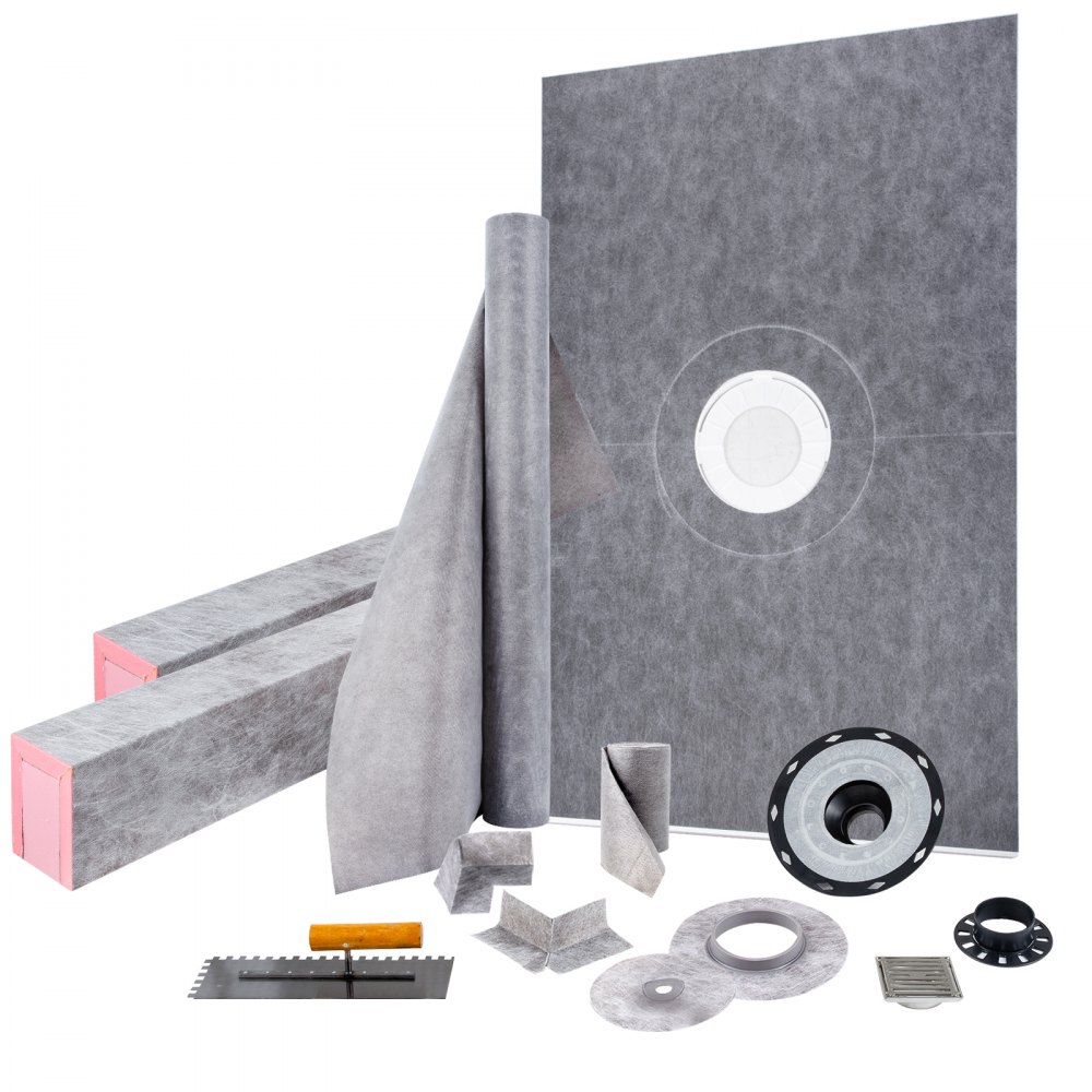 VEVOR Kit per Cordolo Doccia 1219 x 1828,8 mm Rivestimento per Cordolo Doccia a Tenuta Stagna, con Flangia di Collegamento Centrale 10 cm Griglia in Acciaio Inossidabile 10 cm per La Vasca da Bagno