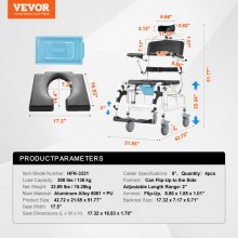 VEVOR Sedia a Rotelle per Disabili Doccia a Rotelle Sedia Alluminio da 440 mm