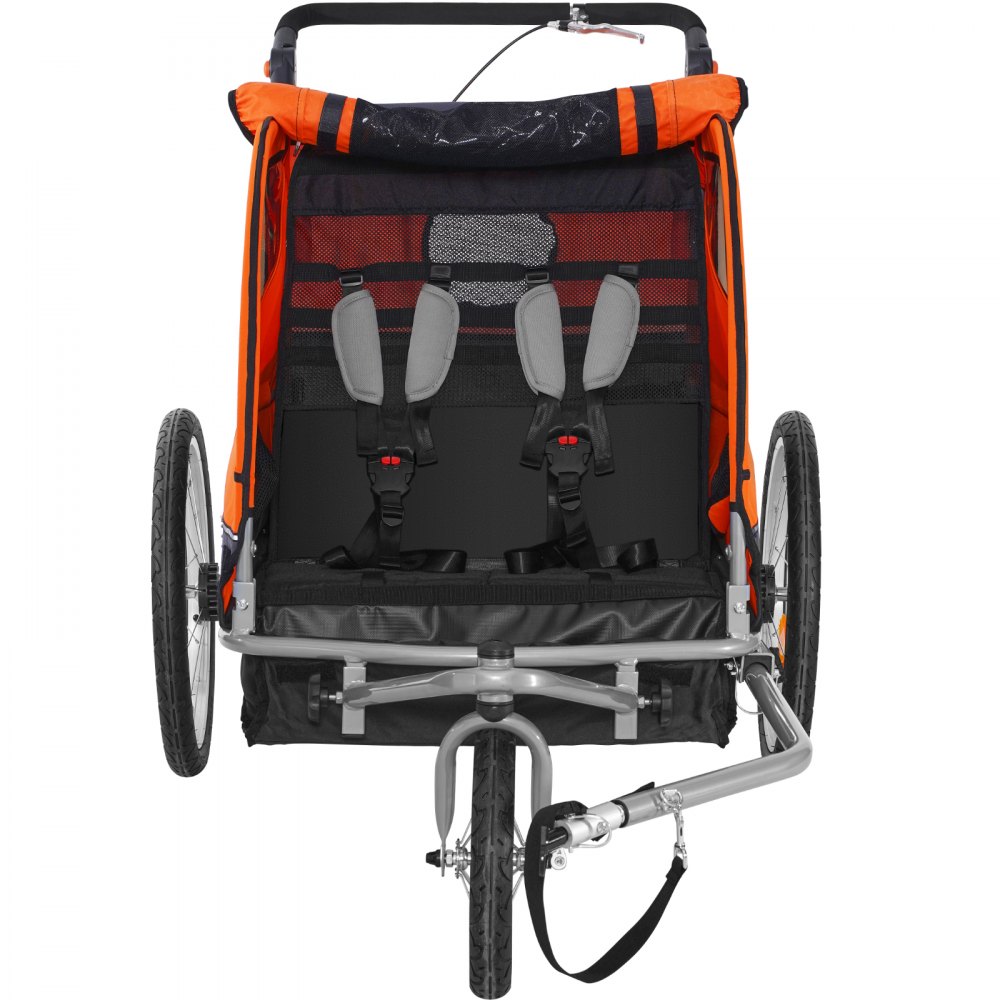 VEVOR Bicycle Trailer, Double Seat, 40 kg Load Capacity, 2-in-1 Canopy Carrier, Convertible to a Stroller, Foldable Child Bicycle Trailer for Pulling with Universal Bicycle Coupling, Orange and Gray