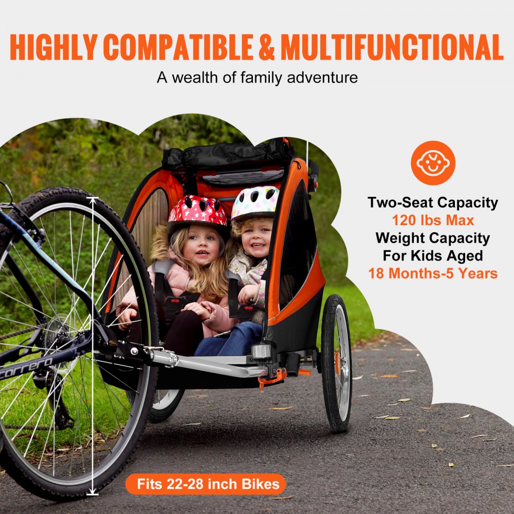 VEVOR Bicycle Trailer Double Seat, 54 kg Load Capacity, 2-in-1 Canopy Carrier, Convertible to a Stroller, Foldable Child Bicycle Trailer for Pulling with Universal Bicycle Coupling, Orange and Gray