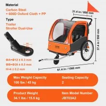 VEVOR Rimorchio Bici, Doppio Sedile, Carico 45 kg, Portabiciclette 2 in 1, Rimorchio Bicicletta per Bambini Pieghevole da Trainare con Attacco Universale per Bicicletta, Arancione e Grigio
