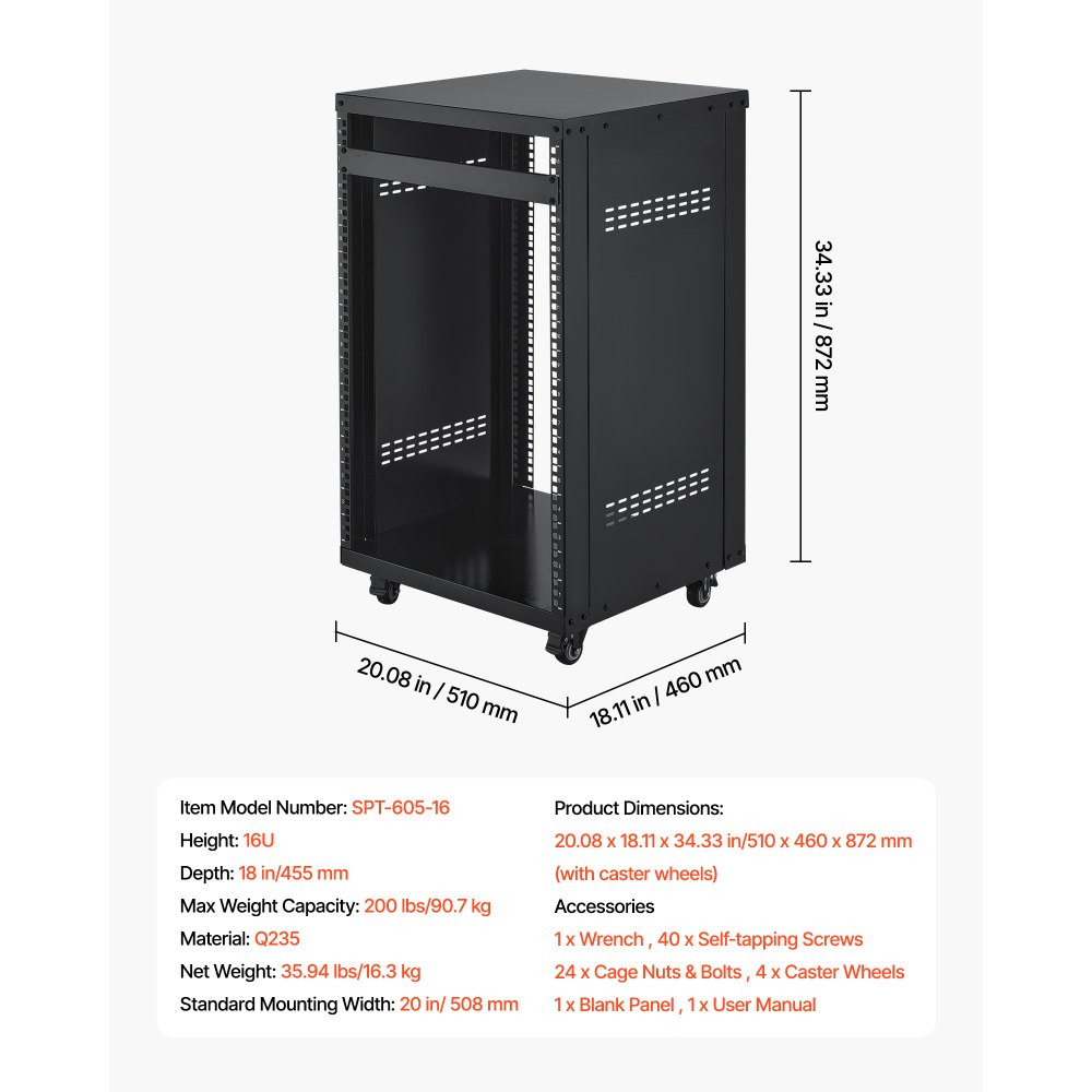 VEVOR Rack AV 16U, Capacità 90,7 kg, Rack per Studio di Registrazione Domestico con Ruote Girevoli Bloccabili, Armadio Server a Telaio Aperto, per Montaggio di Apparecchiature da 482 mm