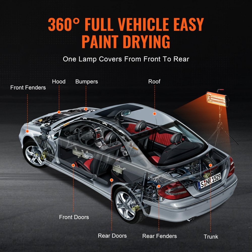 VEVOR Lampada Polimerizzante a Infrarossi 2000W Portatile/Supporto Doppio Uso, Temporizzazione 0-90 Minuti, Lampada Polimerizzante per Auto, Riscaldamento Automatico con Staffa, a Spruzzo da 0,33 ㎡