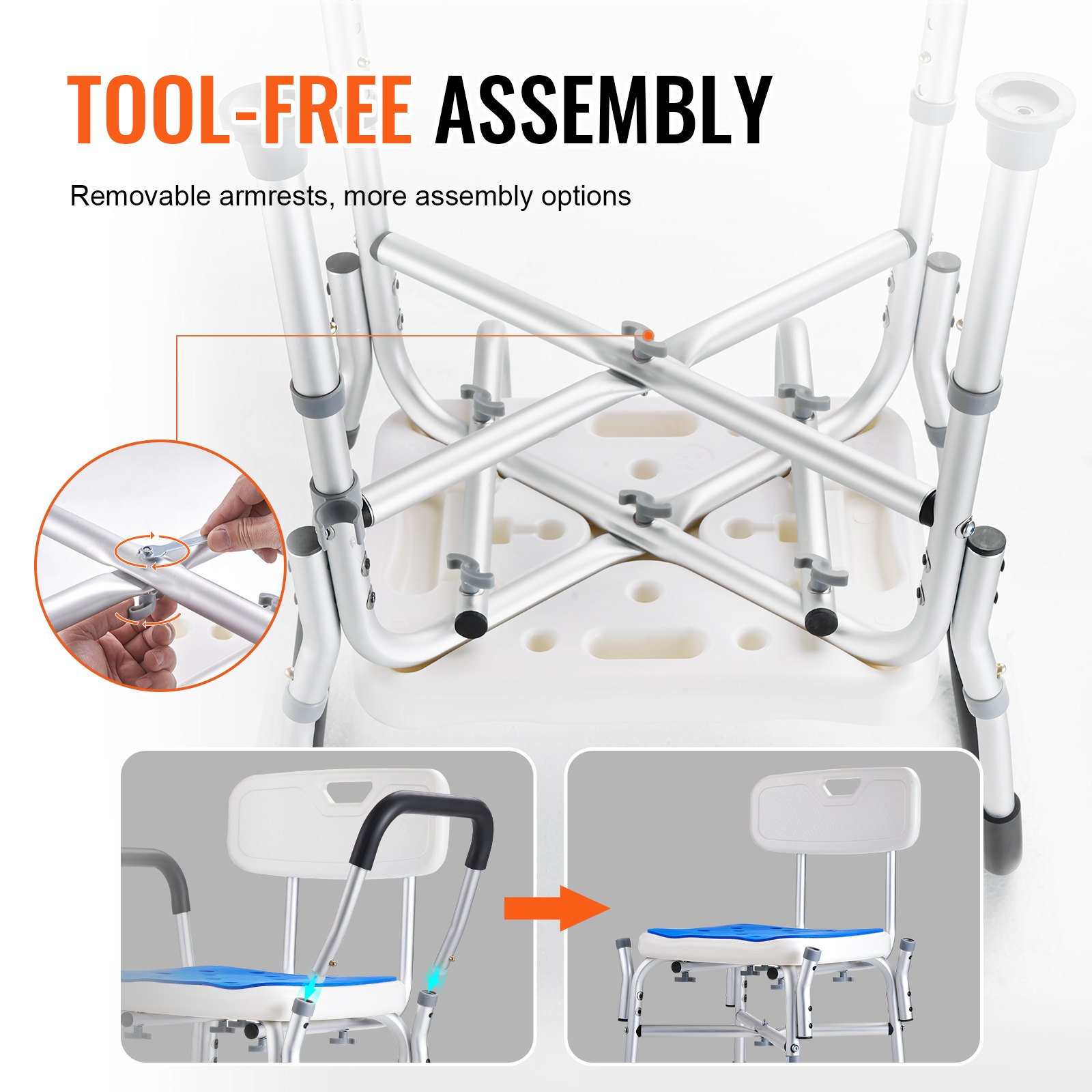 VEVOR Sedile per Doccia Antiscivolo Altezza Regolabile 42-52cm, Sgabello per Doccia Carico max. 181,4kg, Sedia per Doccia in Alluminio PE, Sgabello Schienale Bagno Doccia Antiscivolo Portata 181,4kg