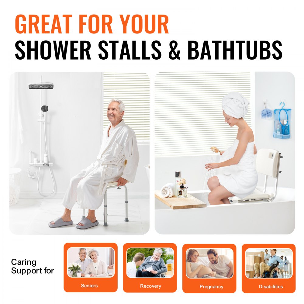 VEVOR Shower Stool/Chair, Height Adjustable 390-520 mm, Bathroom Stool/Seat, 158.8 kg Load Capacity, Sturdy Shower Stool/Shower Aid for Bathtubs, Aluminum Alloy Frame, White Shower Seat
