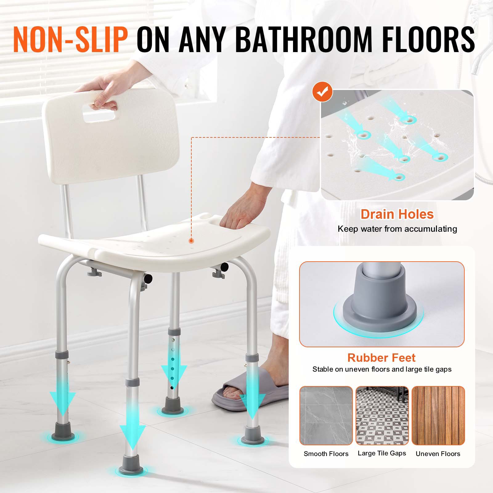 VEVOR Sedile per Doccia Schienale Altezza Regolabile 390-520mm, Sgabello per Doccia Carico max. 158,8kg, Sedia per Doccia in Alluminio PE, Sgabello da Bagno Doccia Antiscivolo Portata 158,8kg Bianco
