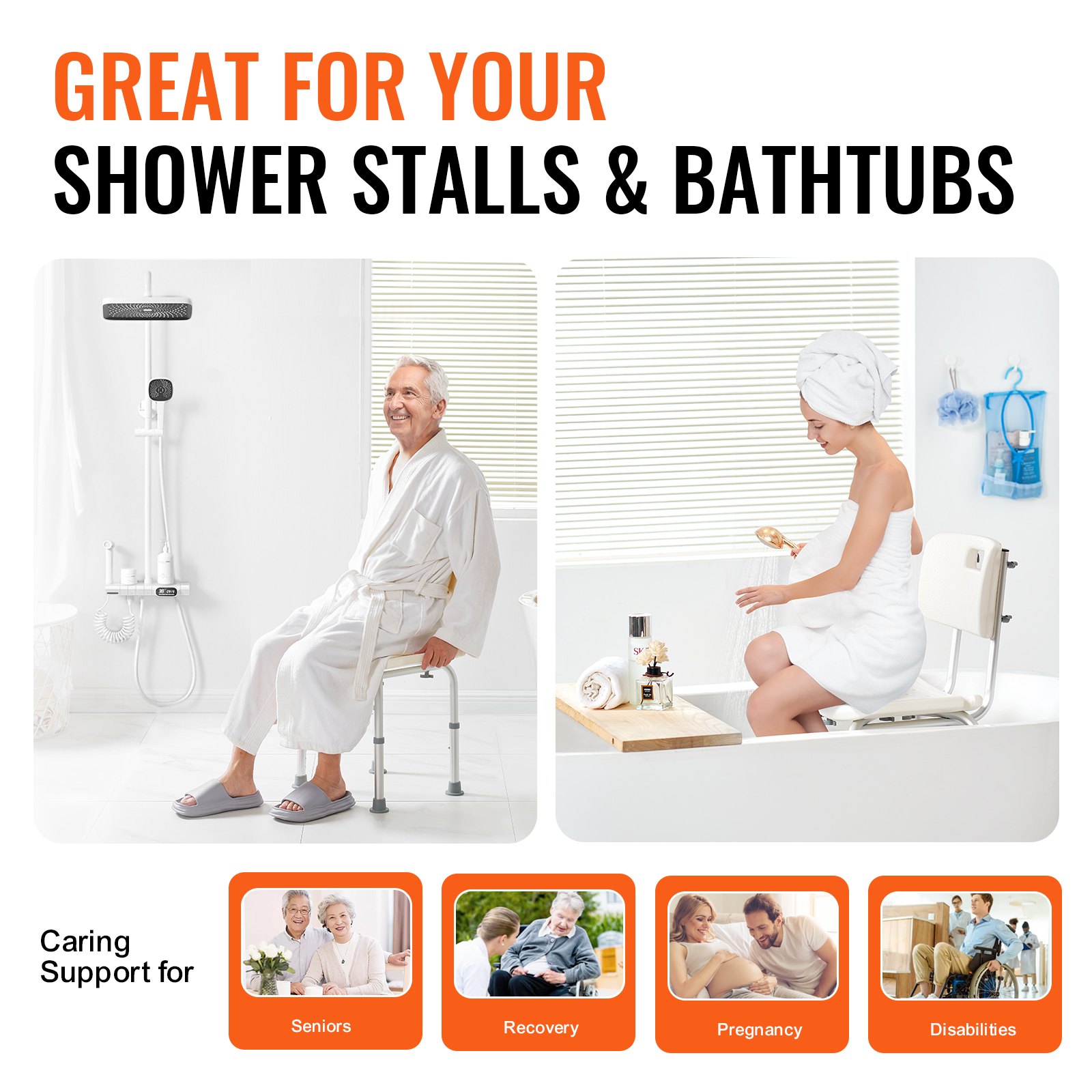 VEVOR Sedile per Doccia Schienale Altezza Regolabile 390-520mm, Sgabello per Doccia Carico max. 158,8kg, Sedia per Doccia in Alluminio PE, Sgabello da Bagno Doccia Antiscivolo Portata 158,8kg Bianco