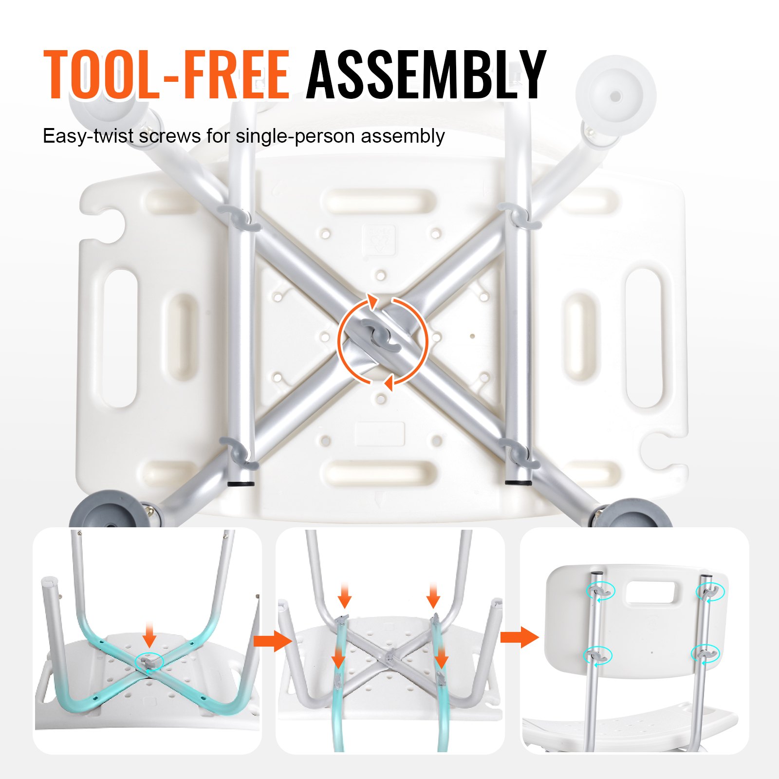 VEVOR Sedile per Doccia Schienale Altezza Regolabile 390-520mm, Sgabello per Doccia Carico max. 158,8kg, Sedia per Doccia in Alluminio PE, Sgabello da Bagno Doccia Antiscivolo Portata 158,8kg Bianco