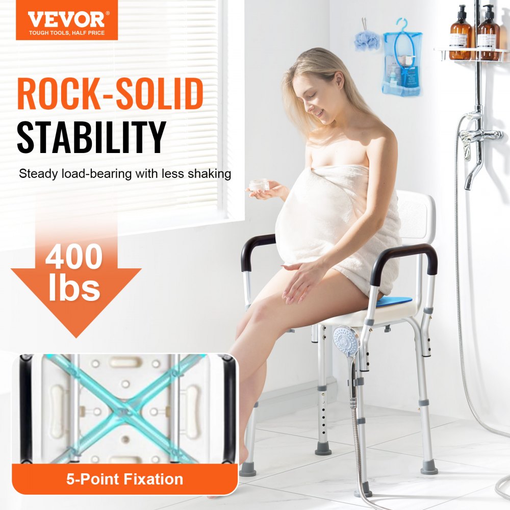 VEVOR Shower Chair, Shower Seat, Load Capacity 181.4 kg, Shower Stool with Armrests & Backrest, Shower Chair for Indoor Showers, Height-Adjustable Bath Chair for the Elderly and Disabled