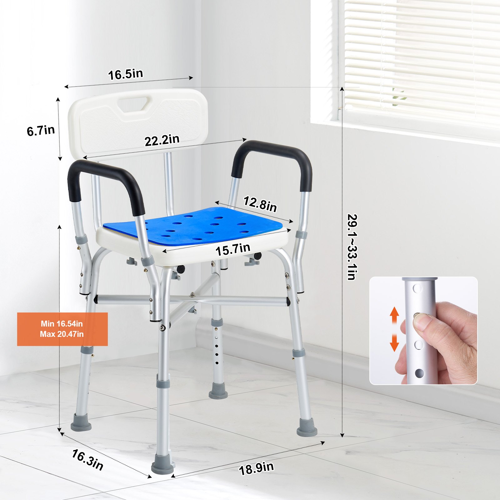 VEVOR Sedia da Doccia, Capacità di 181,4 kg Sgabello da Doccia con Barra di Attraversamento, Braccioli e Schienale Imbottiti, Sedia per Vasca Sedia da Bagno con Panca Regolabile per Anziani Disabili