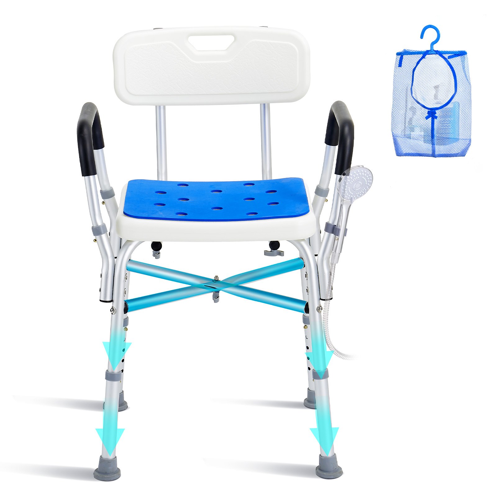 VEVOR Sedia da Doccia, Capacità di 181,4 kg Sgabello da Doccia con Barra di Attraversamento, Braccioli e Schienale Imbottiti, Sedia per Vasca Sedia da Bagno con Panca Regolabile per Anziani Disabili