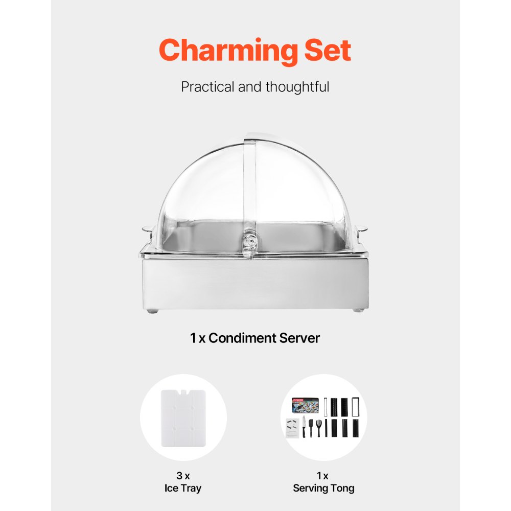 VEVOR Contenitore Espositivo per Servire Cibo da Banco, Vassoio per Servire Cibo in Acciaio Inox 1 x 1 Teglia, Espositore per Dispensatori di Condimenti a Buffet con Coperchio Trasparente per Cucine