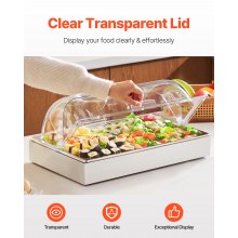 VEVOR Contenitore Espositivo per Servire Cibo da Banco, Vassoio per Servire Cibo in Acciaio Inox 1 x 1 Teglia, Espositore per Dispensatori di Condimenti a Buffet con Coperchio Trasparente per Cucine