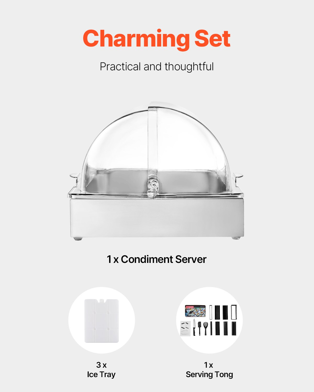 VEVOR Contenitore Espositivo per Servire Cibo da Banco, Vassoio per Servire Cibo in Acciaio Inox 1 x 1 Teglia, Espositore per Dispensatori di Condimenti a Buffet con Coperchio Trasparente per Cucine