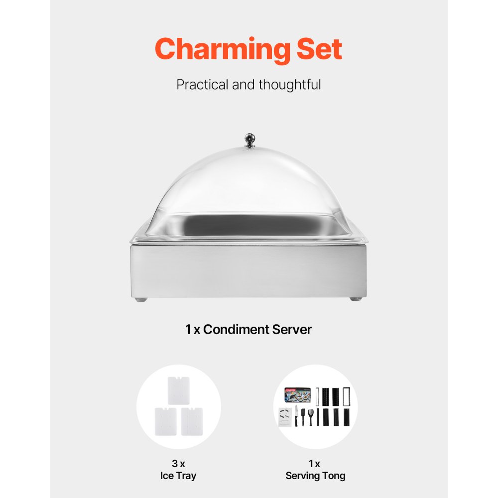 VEVOR Contenitore Espositivo per Servire Cibo da Banco, Vassoio per Servire Cibo in Acciaio Inox 1 x 1 Teglia, Espositore per Dispensatori di Condimenti a Buffet con Coperchio ad Arco Trasparente