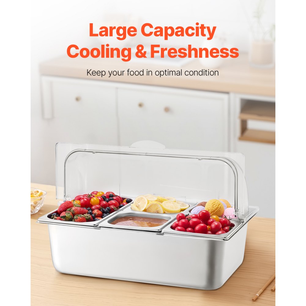 VEVOR Contenitore Espositivo per Servire Cibo da Banco, Vassoio per Servire Cibo in Acciaio Inox 5 Teglie, Espositore per Dispensatori di Condimenti a Buffet con 3 Contenitori per Congelatore