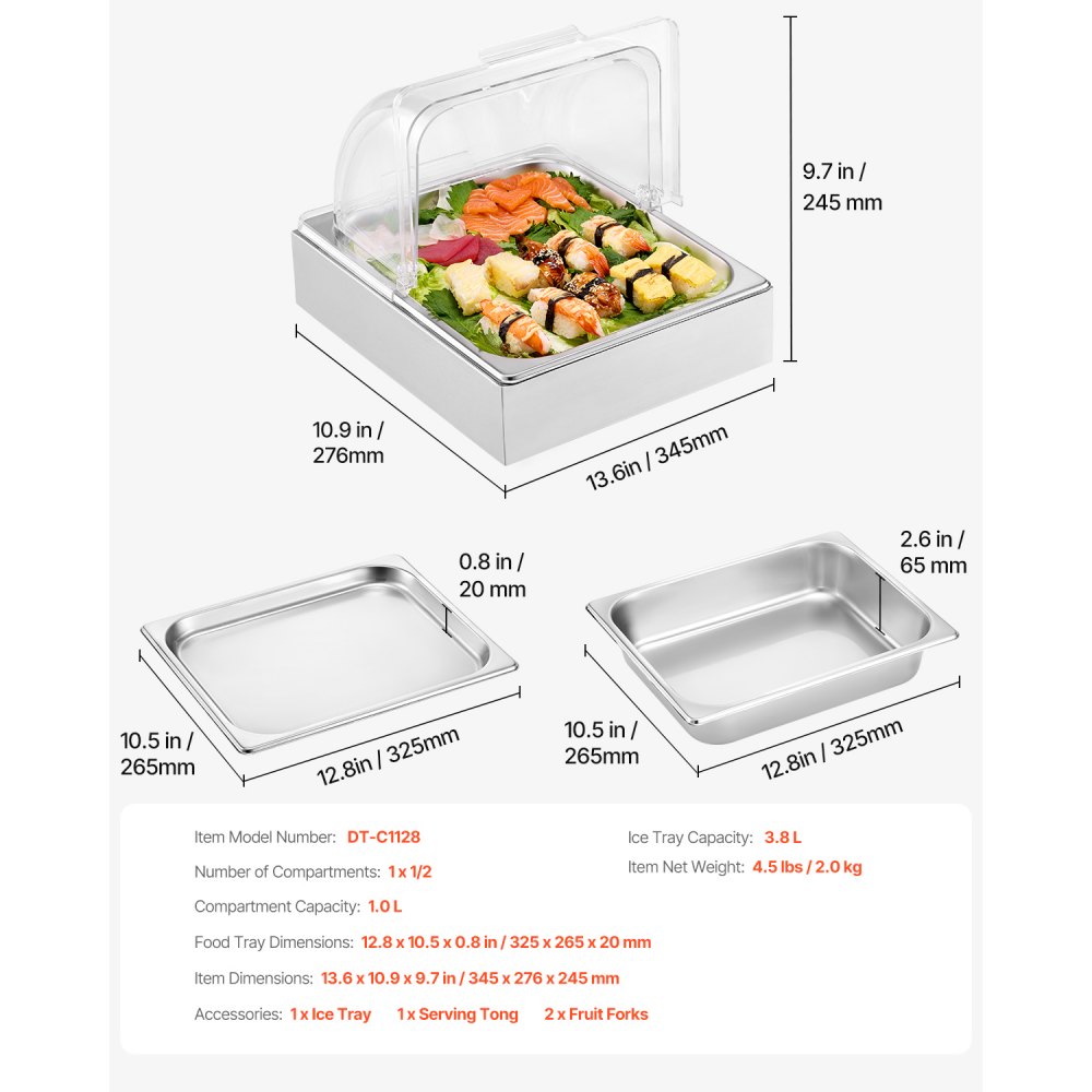 VEVOR Serving Container Buffet Container Gastronorm Container made of Stainless Steel (1 Container), Presentation Stand Serving Tray with Transparent Lid & 3 Ice Cube Trays for Restaurant Kitchen