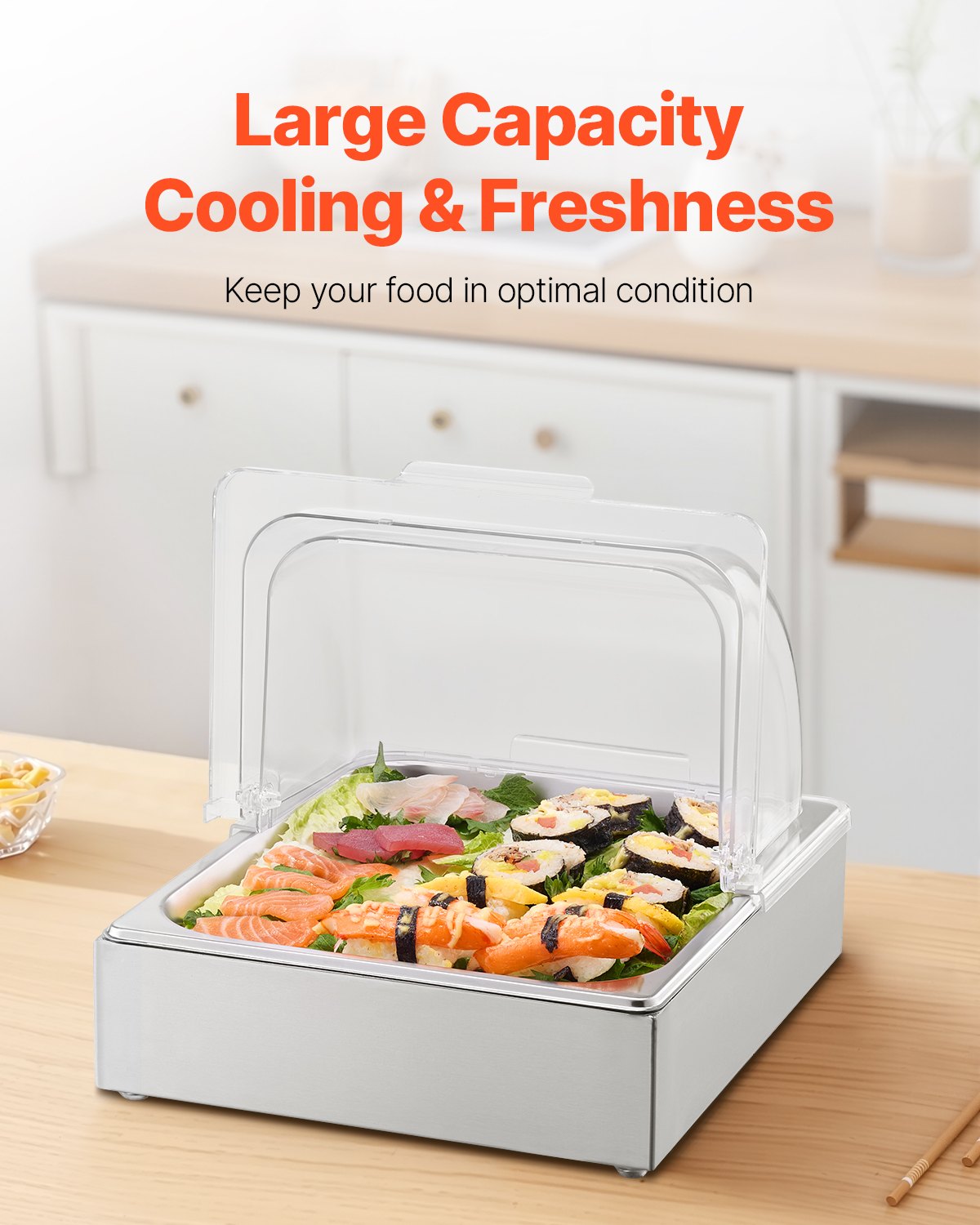 VEVOR Contenitore Espositivo per Servire Cibo da Banco, Vassoio per Servire Cibo in Acciaio Inox 1 x 1/2 Teglia, Espositore per Dispensatori di Condimenti a Buffet con Coperchio Trasparente per Festa